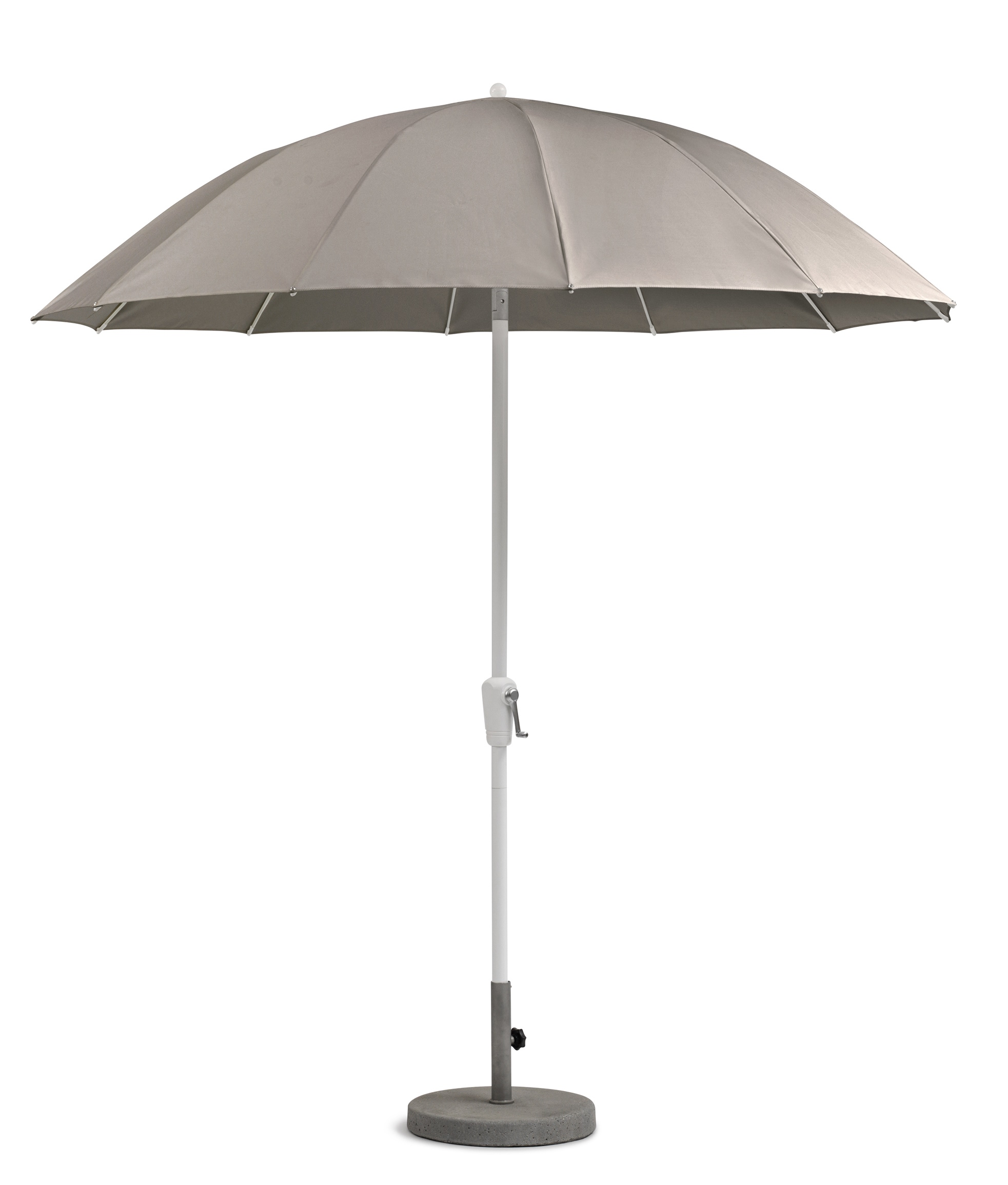 Weishäupl Sonnenschirm in Taupe mit weißem Gestell und grauem Betonsockel für den Garten.