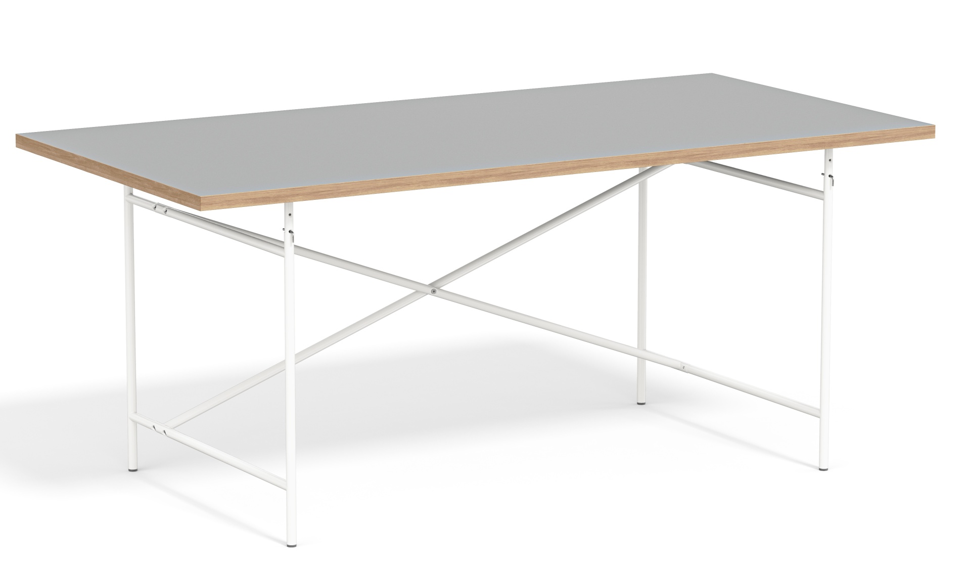 Eiermann Tisch mit grauer Tischplatte und weißem Gestell, ein moderner Schreibtisch für Büro und Zuhause.