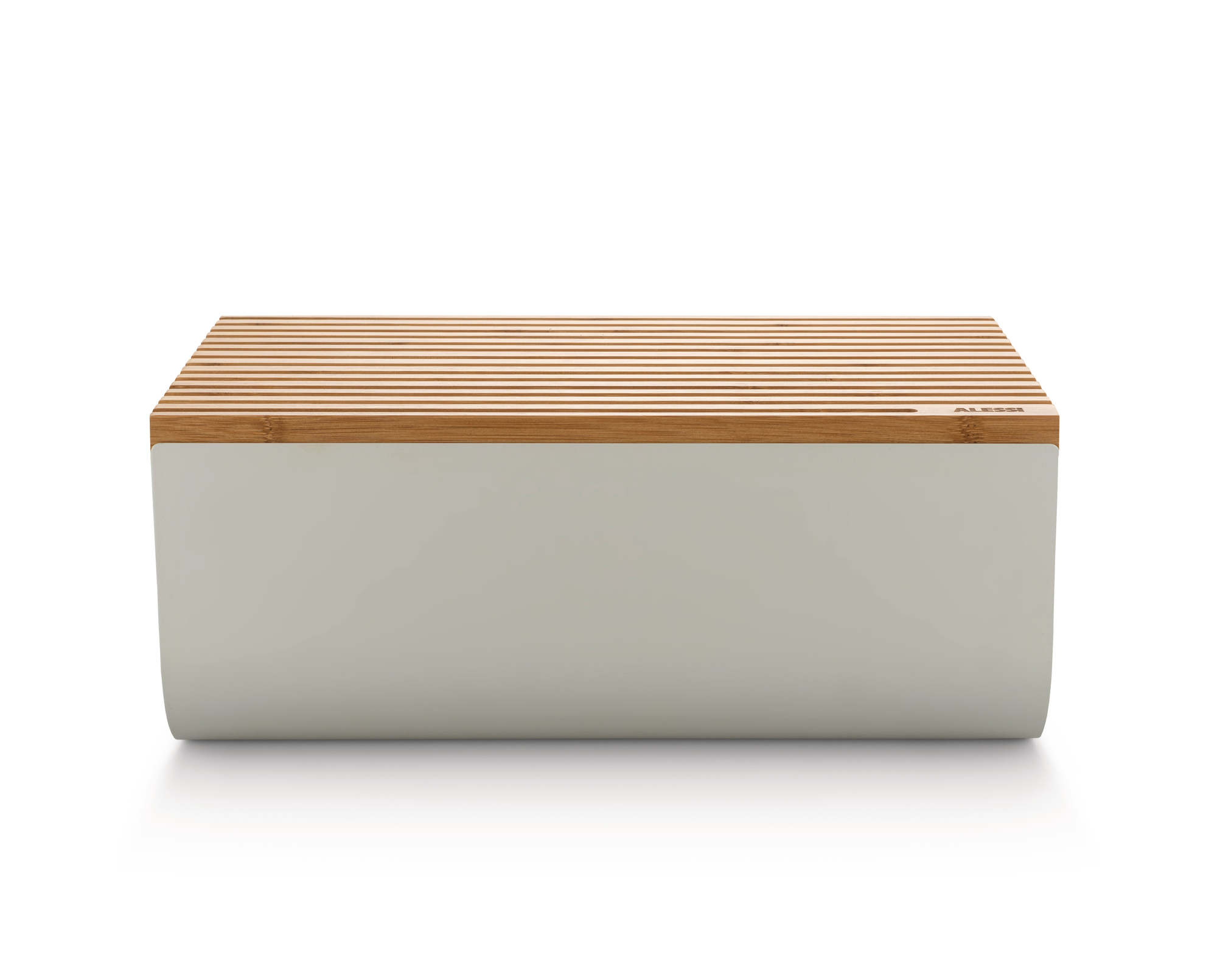 Alessi Brotkasten Mattina aus Stahl in Warm Grau mit Bambusdeckel.