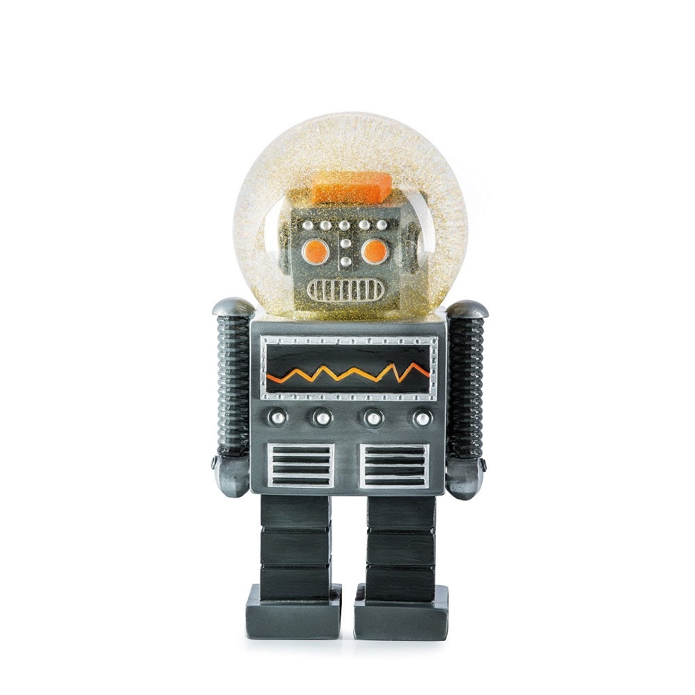 Summerglobe Glitzerkugel: Detailansicht des Giant Robot mit goldenem Glitzer im transparenten Kopf.