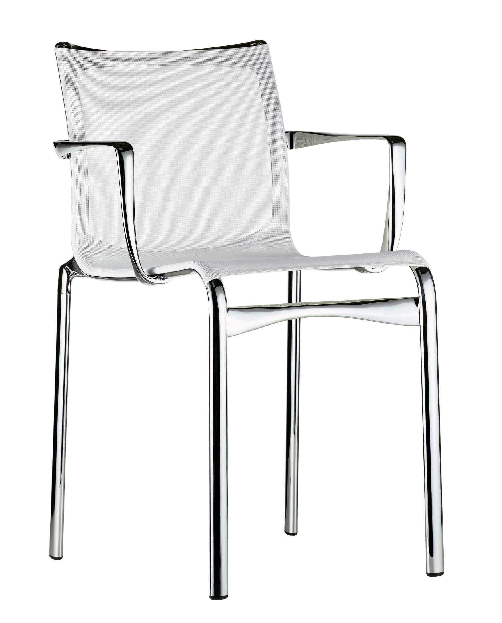 Bigframe Stuhl mit Armlehnen und weißem Netzgewebe, verchromtes Stahlgestell, moderner Bürostuhl.