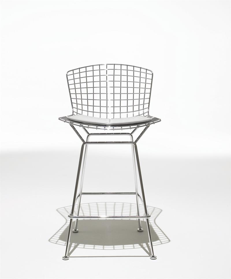 Bertoia Barhocker von Knoll International, verchromt mit grauem Sitzkissen, modernes Design für Küche oder Bar.