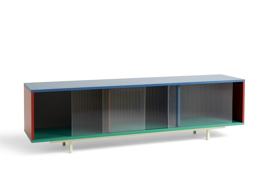 Colour Cabinet Sideboard von Hay mit Glasschiebetüren in Multi Floor Farben.