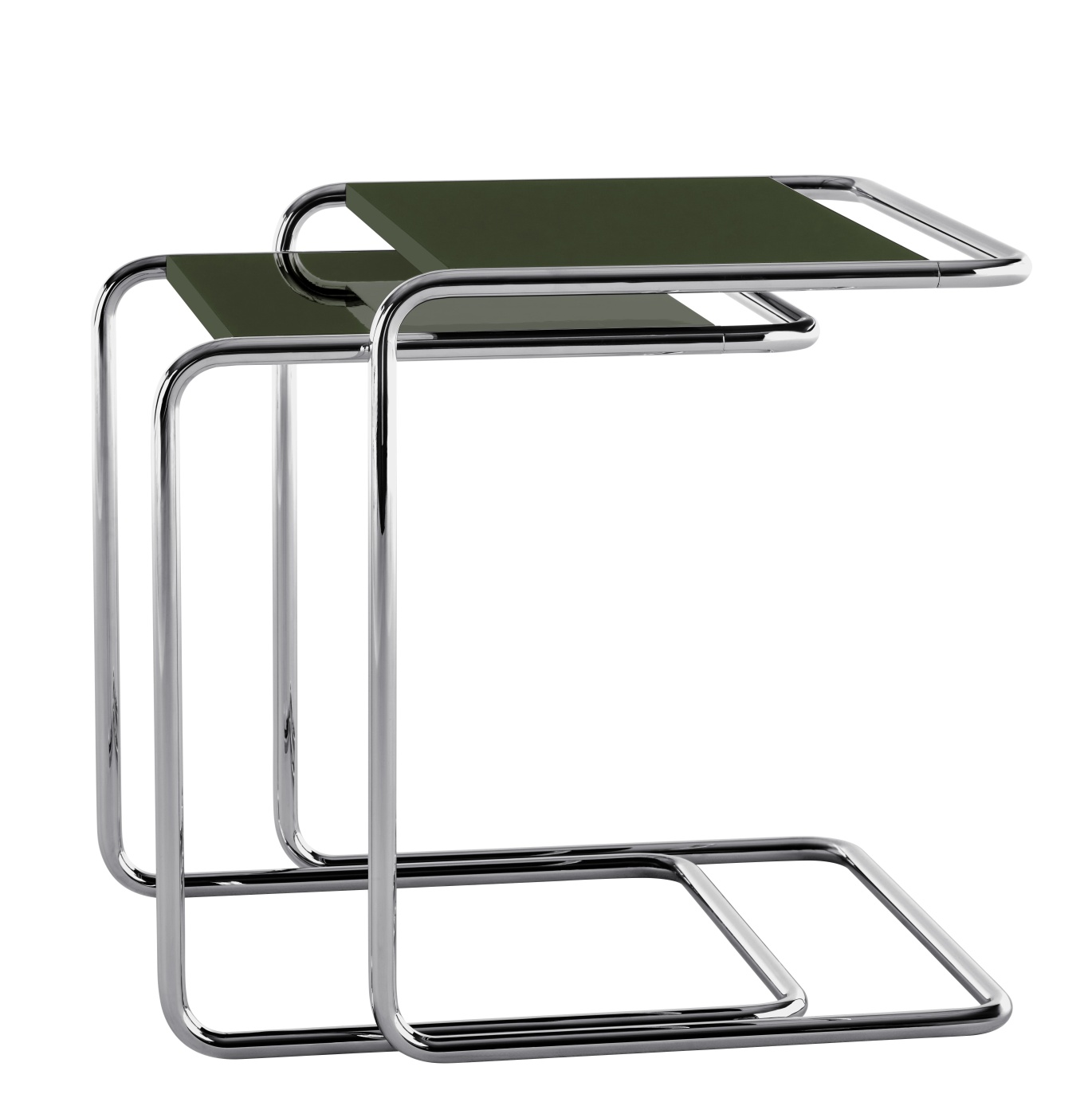JS. Thonet B97 Beistelltisch von Jil Sander, zwei Tische aus verchromtem Stahlrohr mit grüner Tischplatte.