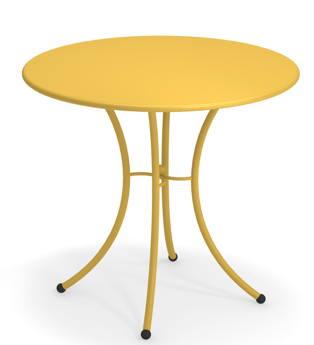 Gelber Pigalle Tisch rund von Emu für den Außenbereich, Gartentisch mit filigranem Metallgestell.