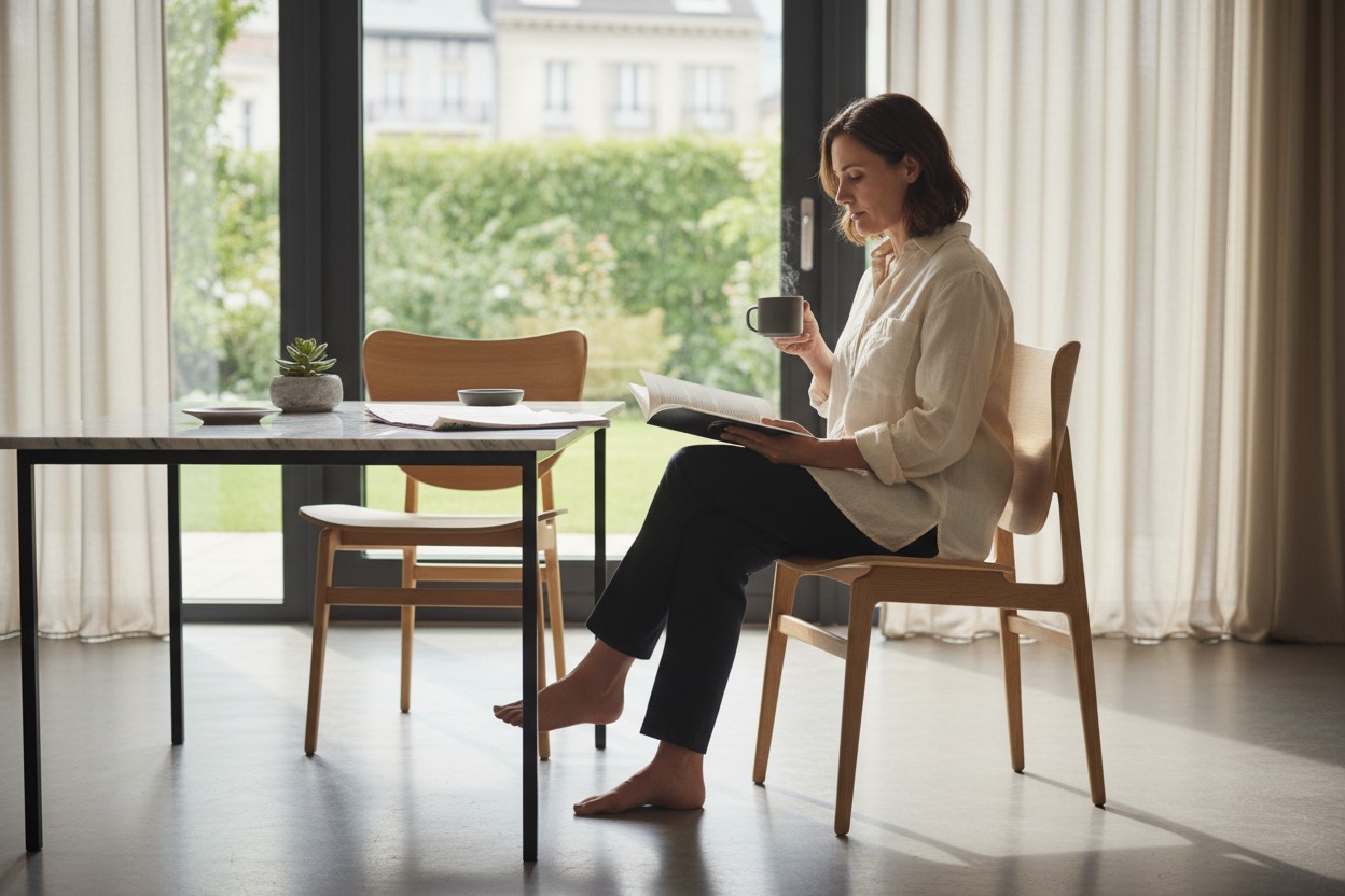 Frau liest auf einem NORR11 Elephant Dining Chair Stuhl mit hellen Holzbeinen und schlankem Design.