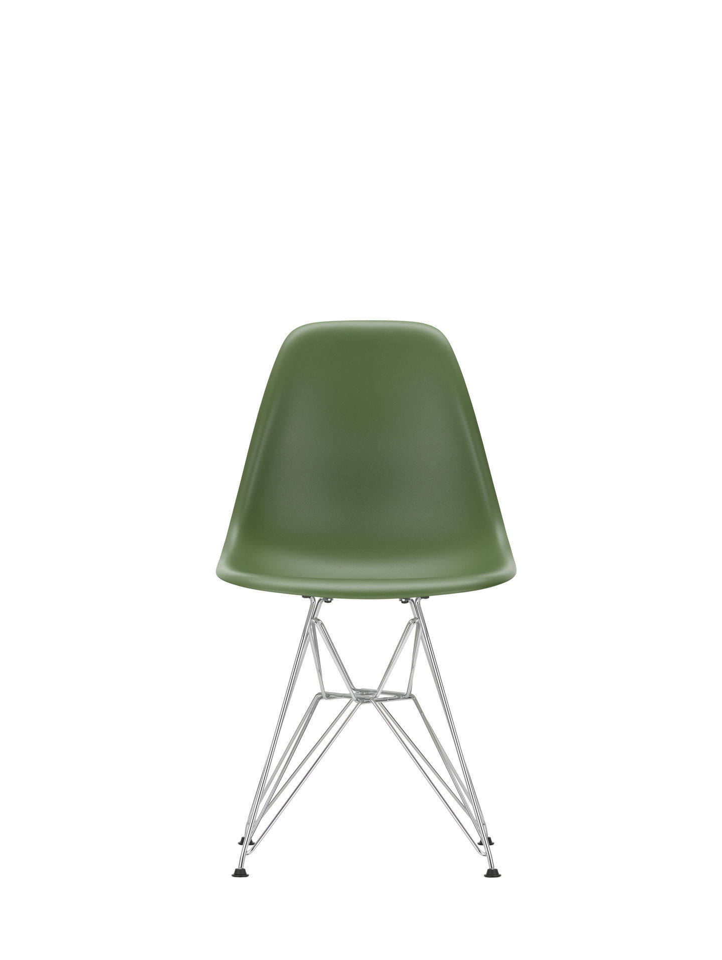 Eames DSR Stuhl mit Eisgrauer Kunststoffschale und verchromtem Drahtgestell. Designklassiker für Esszimmer und Büro.