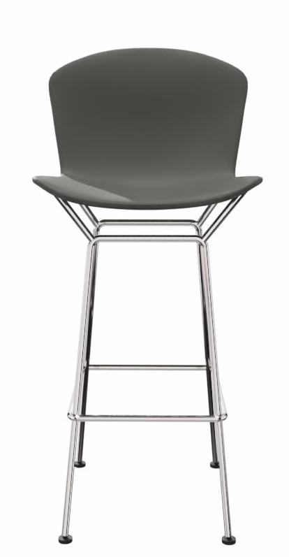 Bertoia Barhocker von Knoll International mit grauem Kunststoffsitz und verchromtem Stahlgestell.