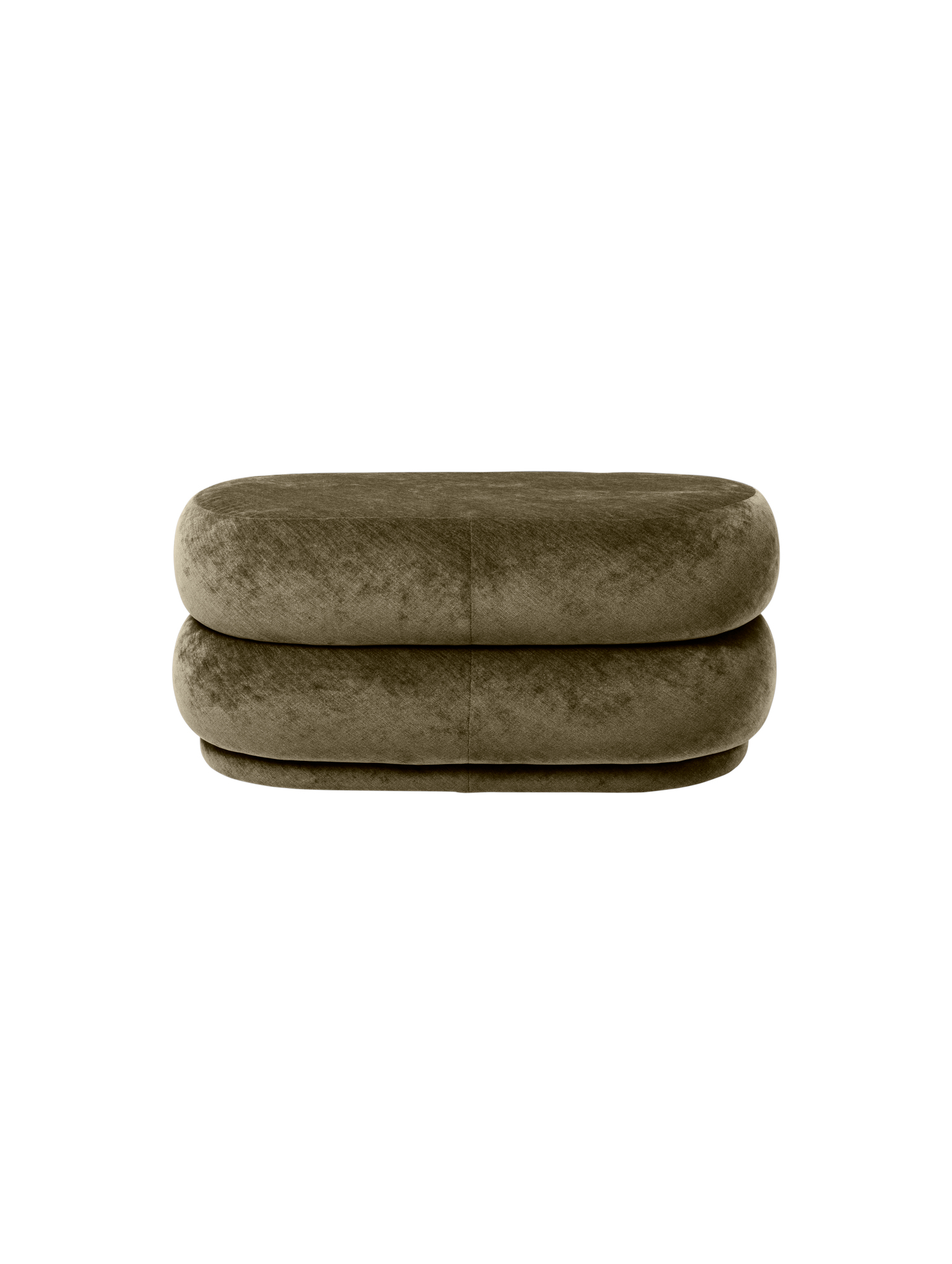 Ovaler, olivgrüner Samt Pouf Hocker von Ferm Living, ideal als Sitzgelegenheit oder Fußhocker.