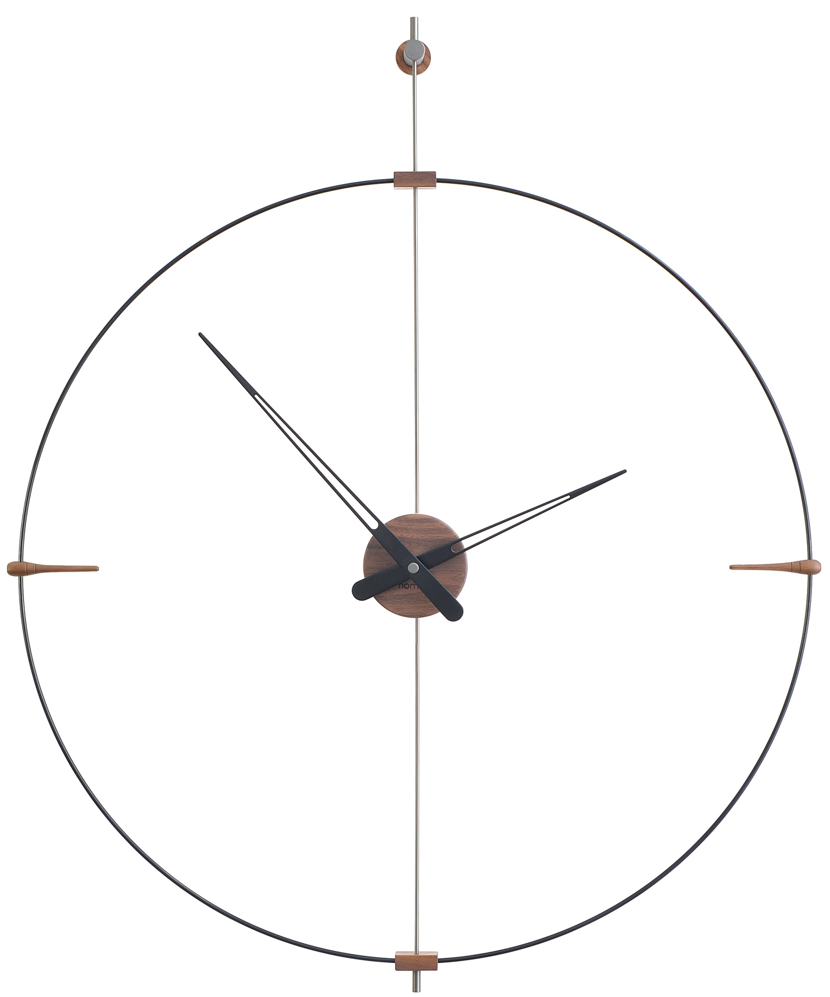 Nomon Mini Bilbao Wanduhr mit schwarzem Metallring, Holzdetails und filigranen Zeigern.