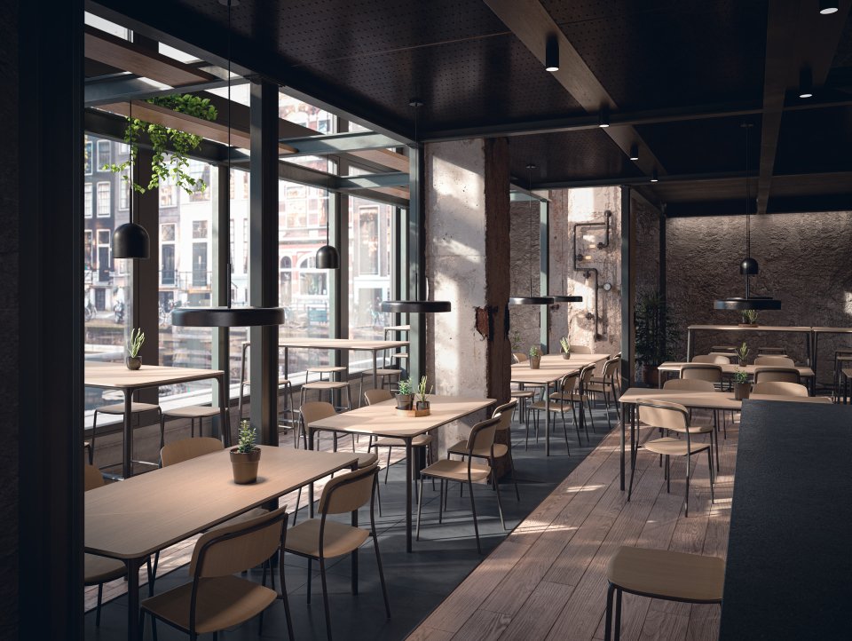 Innenansicht eines Restaurants mit Tischen und Stühlen, darunter der Brunner Nate S Barhocker mit Holzoberfläche.