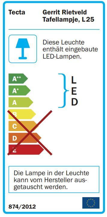 Energielabel der Tecta L25 LED Tischleuchte, die Energieeffizienzklasse ist mit einem roten Kreuz markiert.