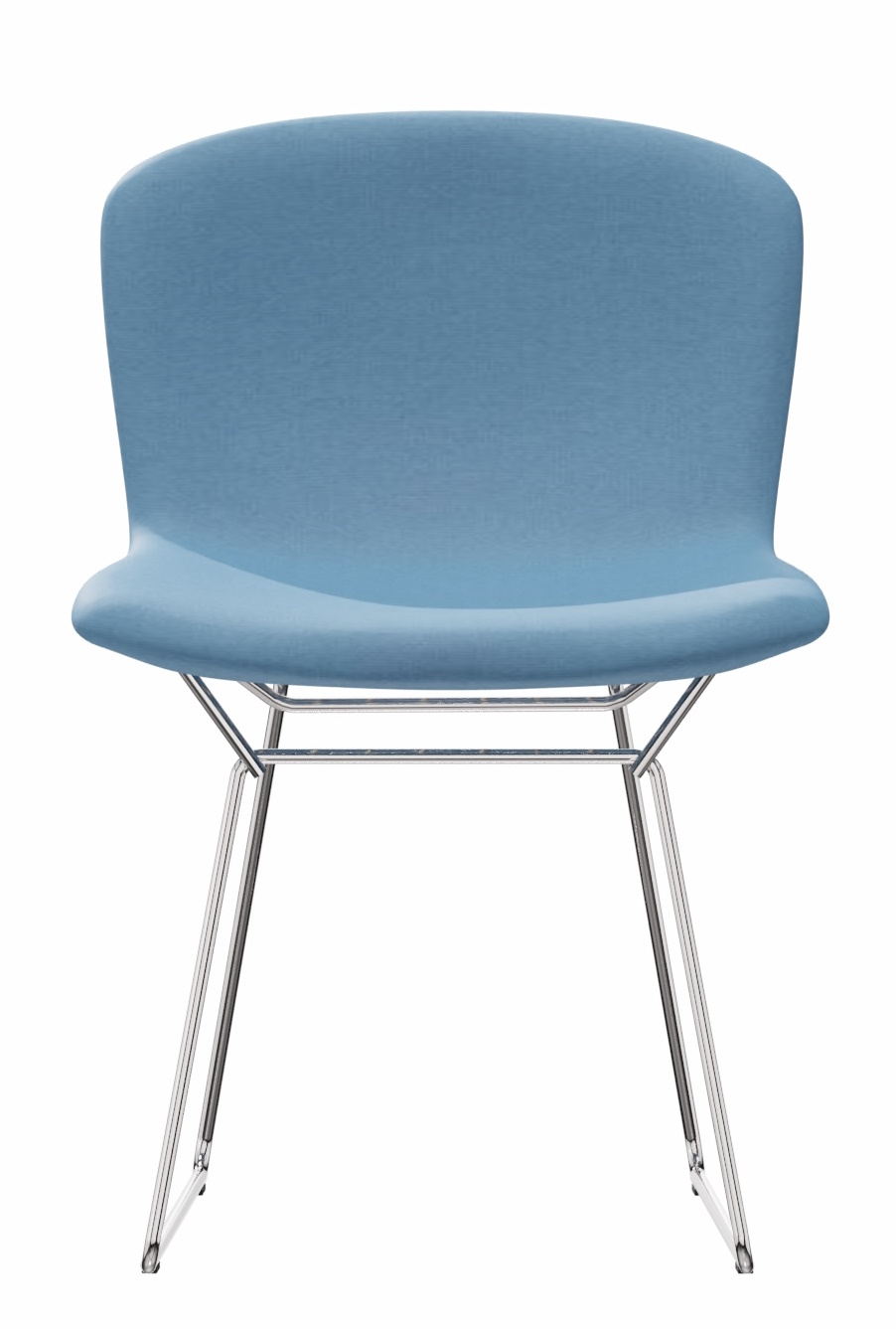 Bertoia Stuhl mit blauer Vollpolsterung und verchromtem Drahtgestell, Designklassiker für Esszimmer und Büro.