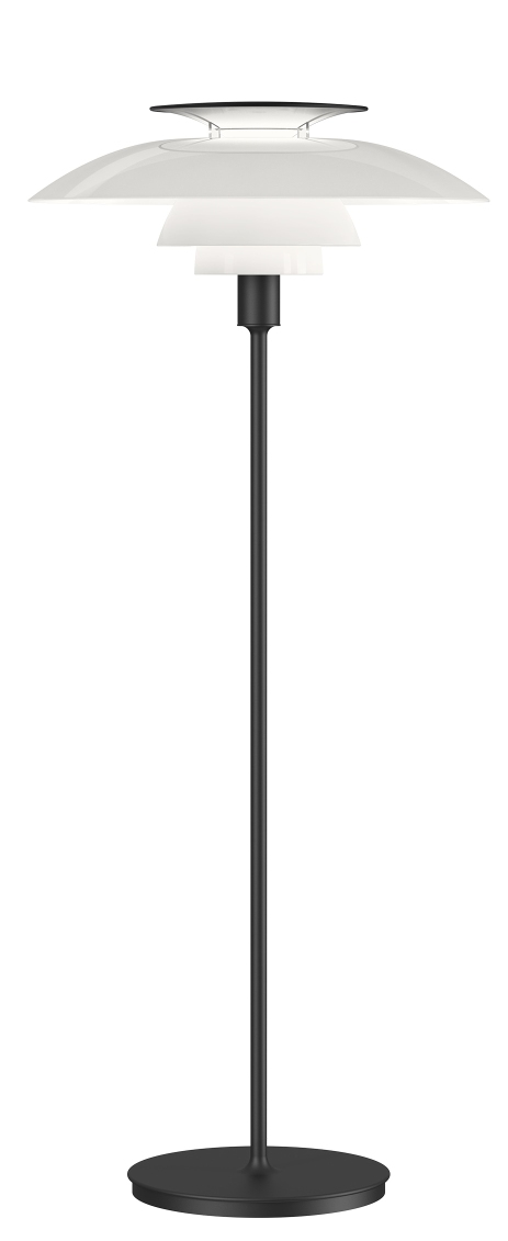 Schwarze PH 80 Stehleuchte von Louis Poulsen mit weißen Lampenschirmen für indirektes Licht.