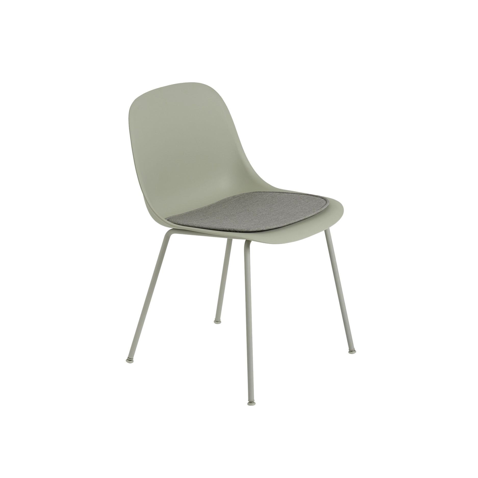 Fiber Side Chair von Muuto, hellgrüner Stuhl mit grauem Sitzkissen und Stahlrohrgestell.