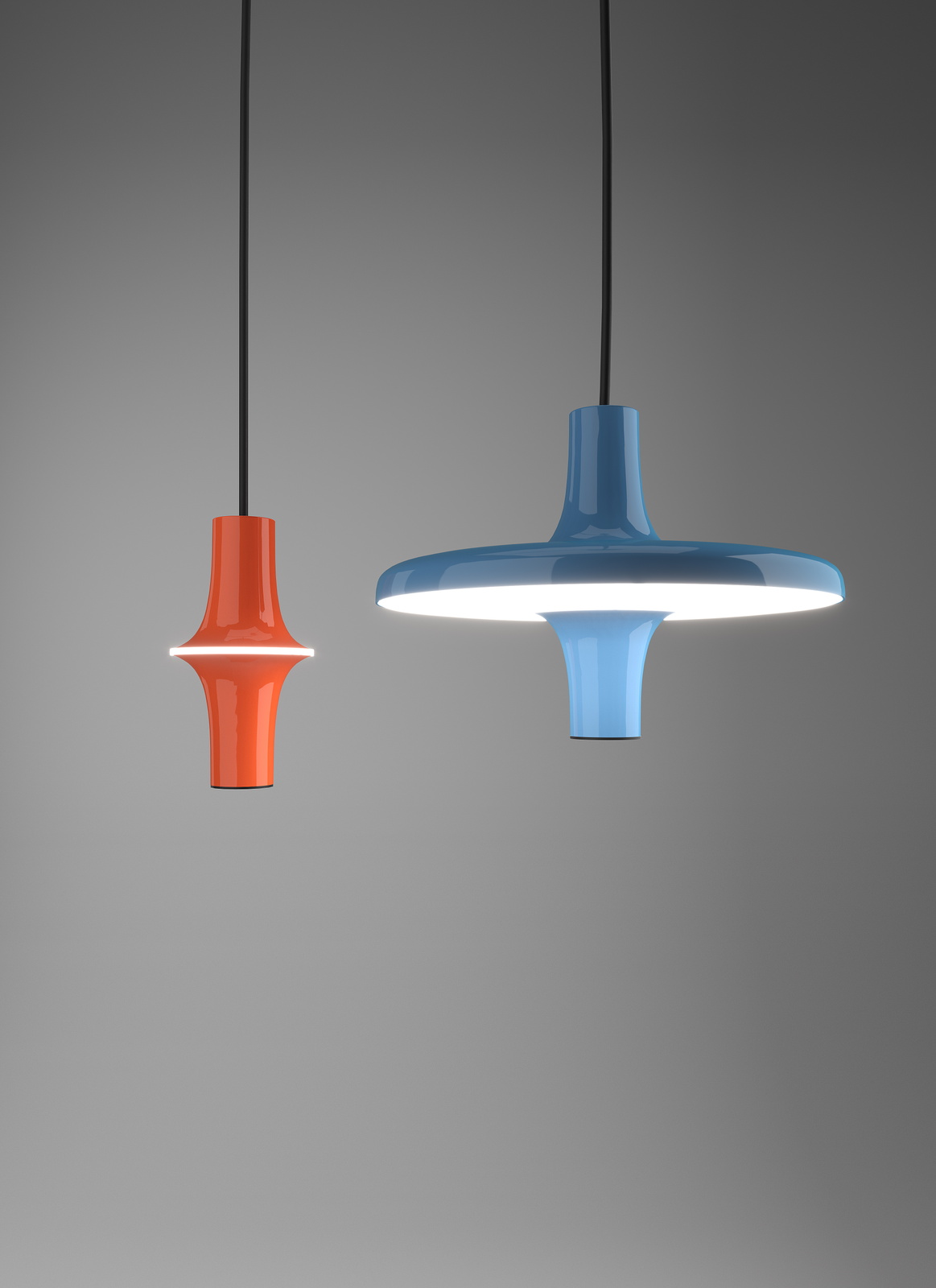Avro Hängeleuchten von Martinelli Luce: Orangefarbene und blaue Pendelleuchten mit modernem, indirektem Lichtdesign.