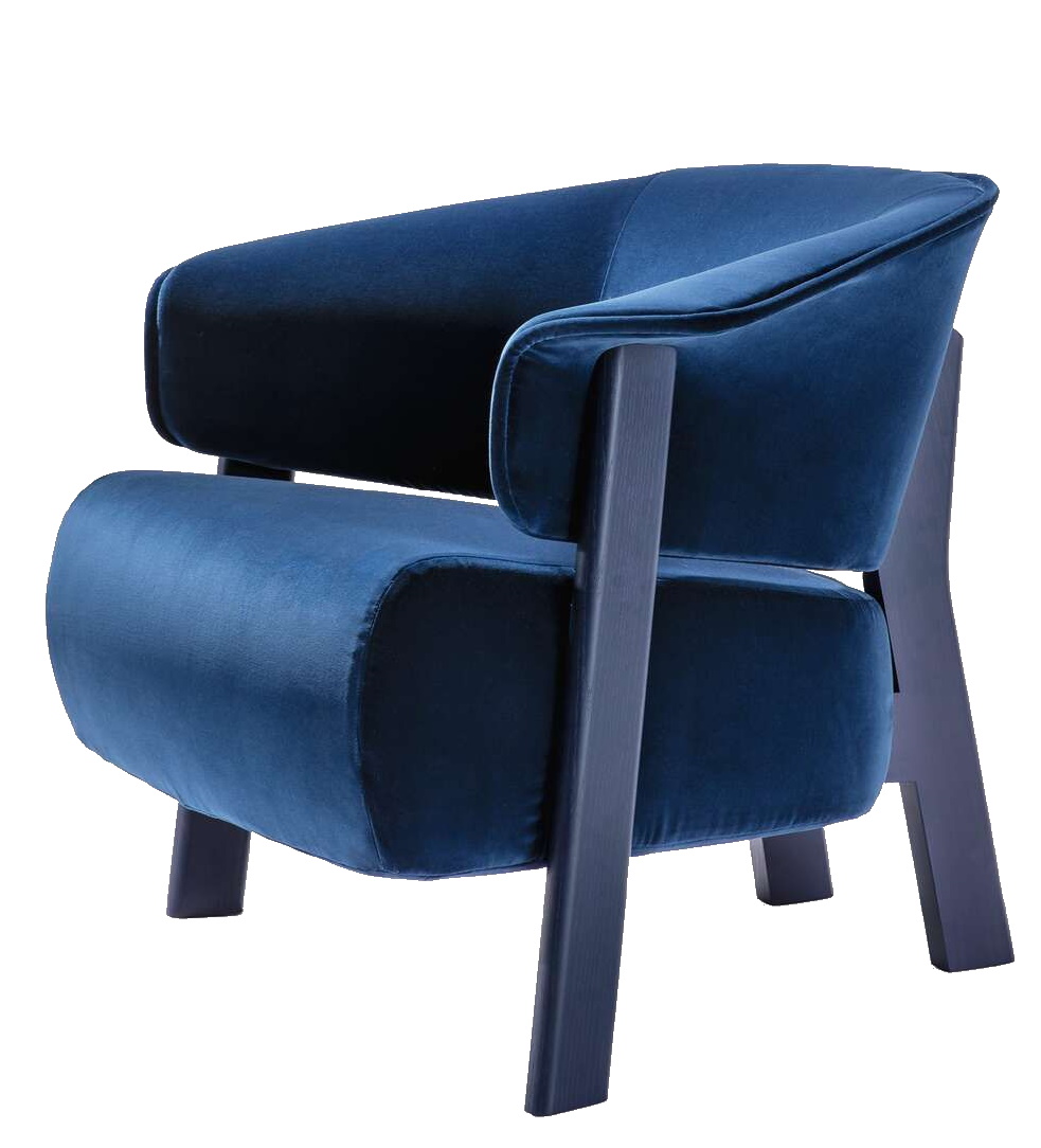 Blauer Back-Wing Sessel von Cassina mit Holzgestell, moderner Design Sessel für Wohnzimmer.