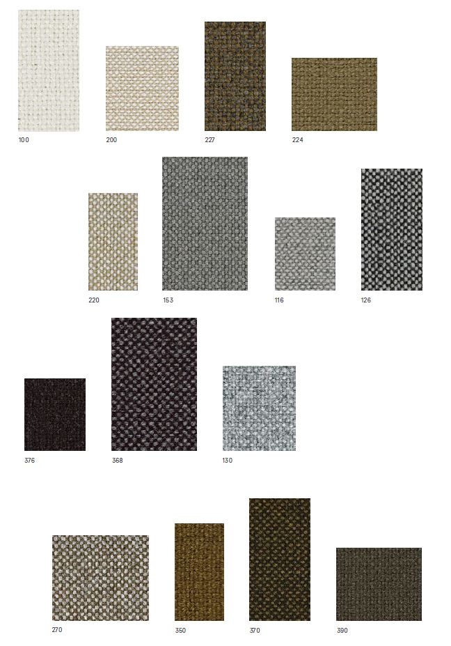 Stoffmusterkarte Hallingdal 65 von Kvadrat: Verschiedene Farbvarianten und Texturen des hochwertigen Möbelstoffs.