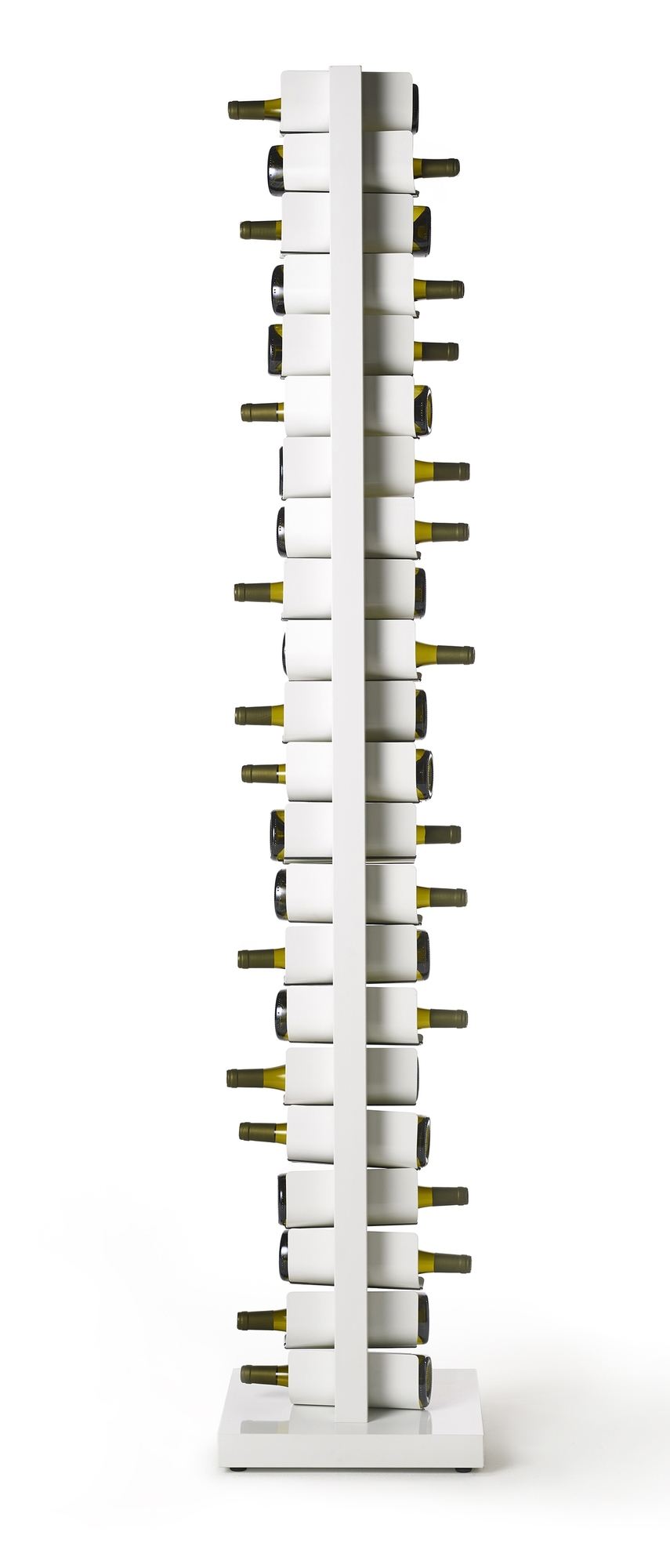 Weinflaschen in weißem Ptolomeo Vino Weinregal, modernes Design Weinlagerung für Zuhause.