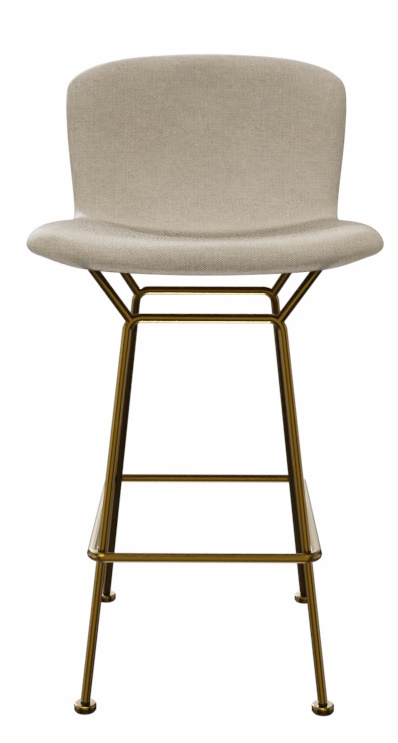 Bertoia Barhocker von Knoll International mit beigem Sitzpolster und goldfarbenem Metallgestell, Frontansicht.