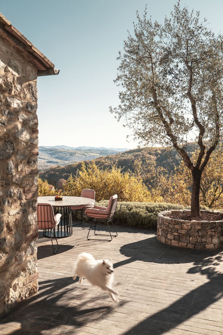 Janua BC 07 Outdoor Tisch mit Stühlen auf Terrasse mit Hund und Landschaft im Hintergrund.