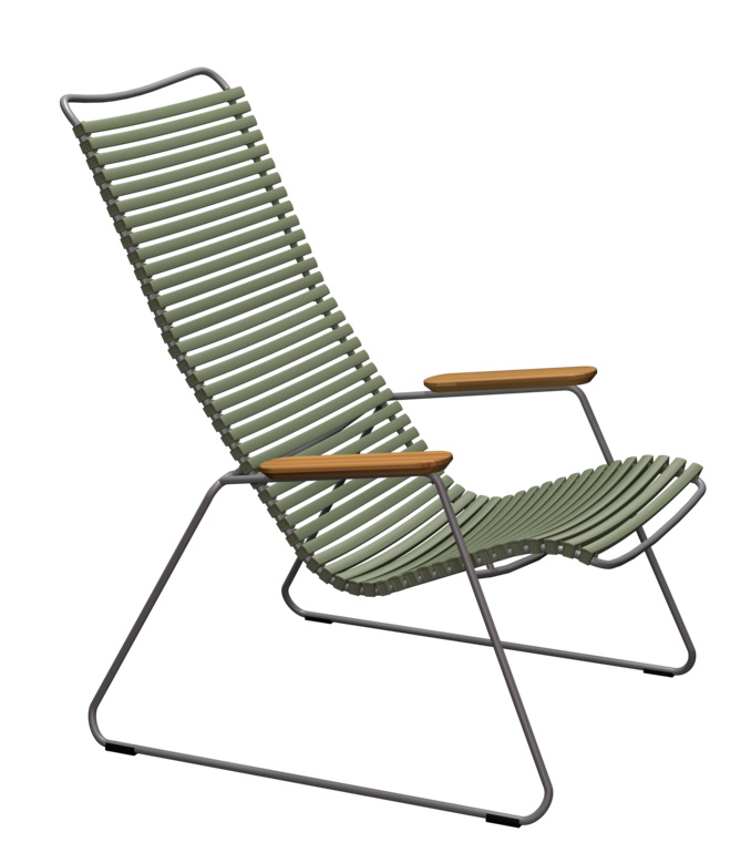 Houe Click Lounge Chair Sessel in Dunkelgrau, Outdoor-Möbel mit Armlehnen aus Holz und Stahlgestell.