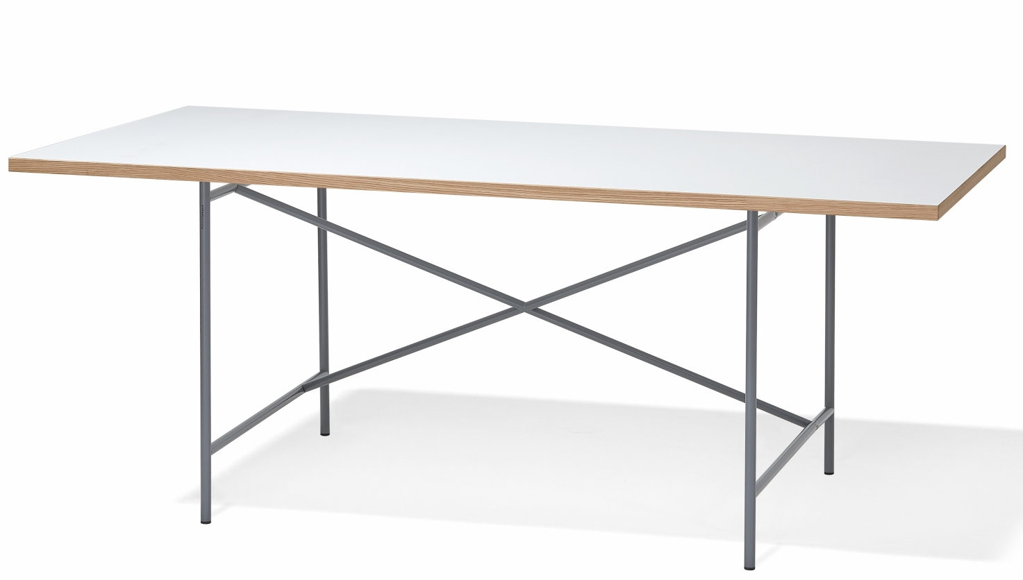 Eiermann Tisch mit weißer Tischplatte und grauem Stahlgestell, Designklassiker von Richard Lampert.