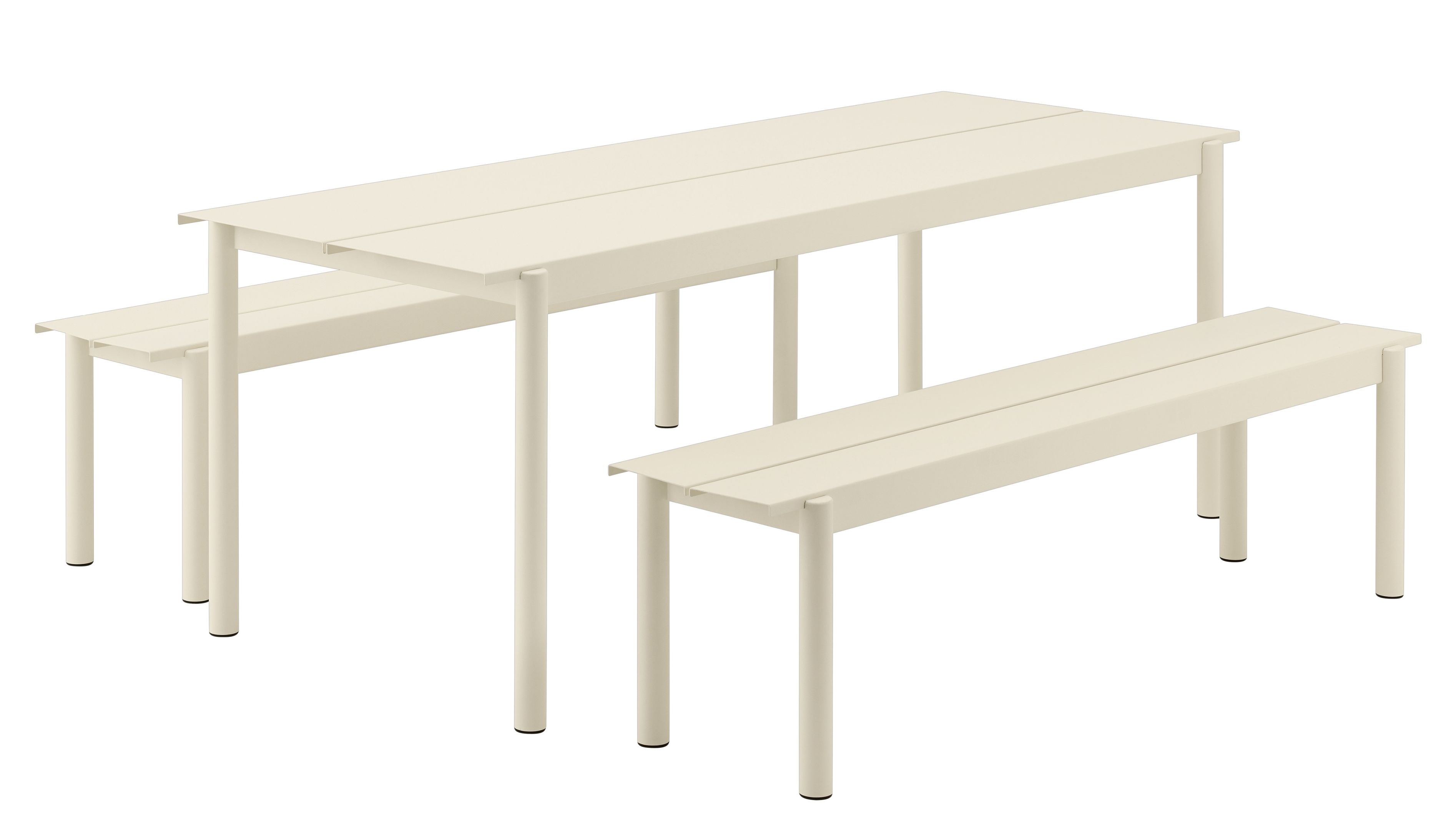Muuto Linear Steel Bank in Off-White, moderne Outdoor Sitzbank aus Stahl für Garten und Terrasse.