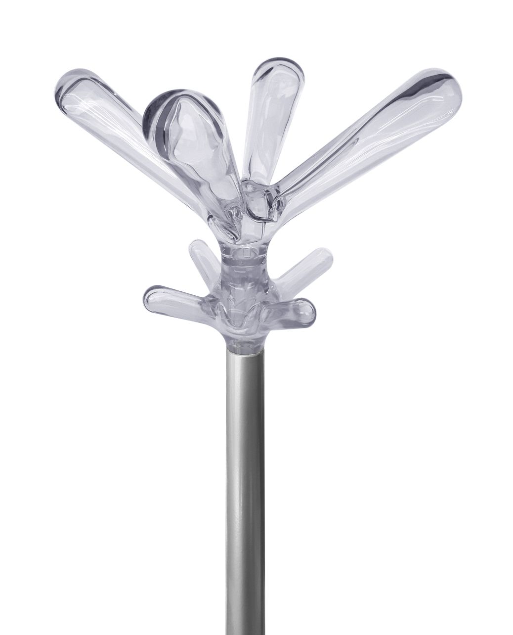 Rexite Pop Kleiderständer mit transparentem Kopf und silbernem Metallfuß, moderne Garderobenlösung für Büro und Zuhause.