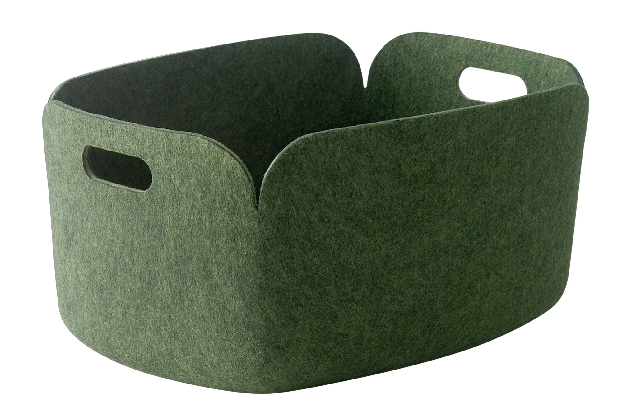 Muuto Restore Storage Basket, dunkelgrüner Filzkorb mit Griffen für Aufbewahrung und Ordnung.