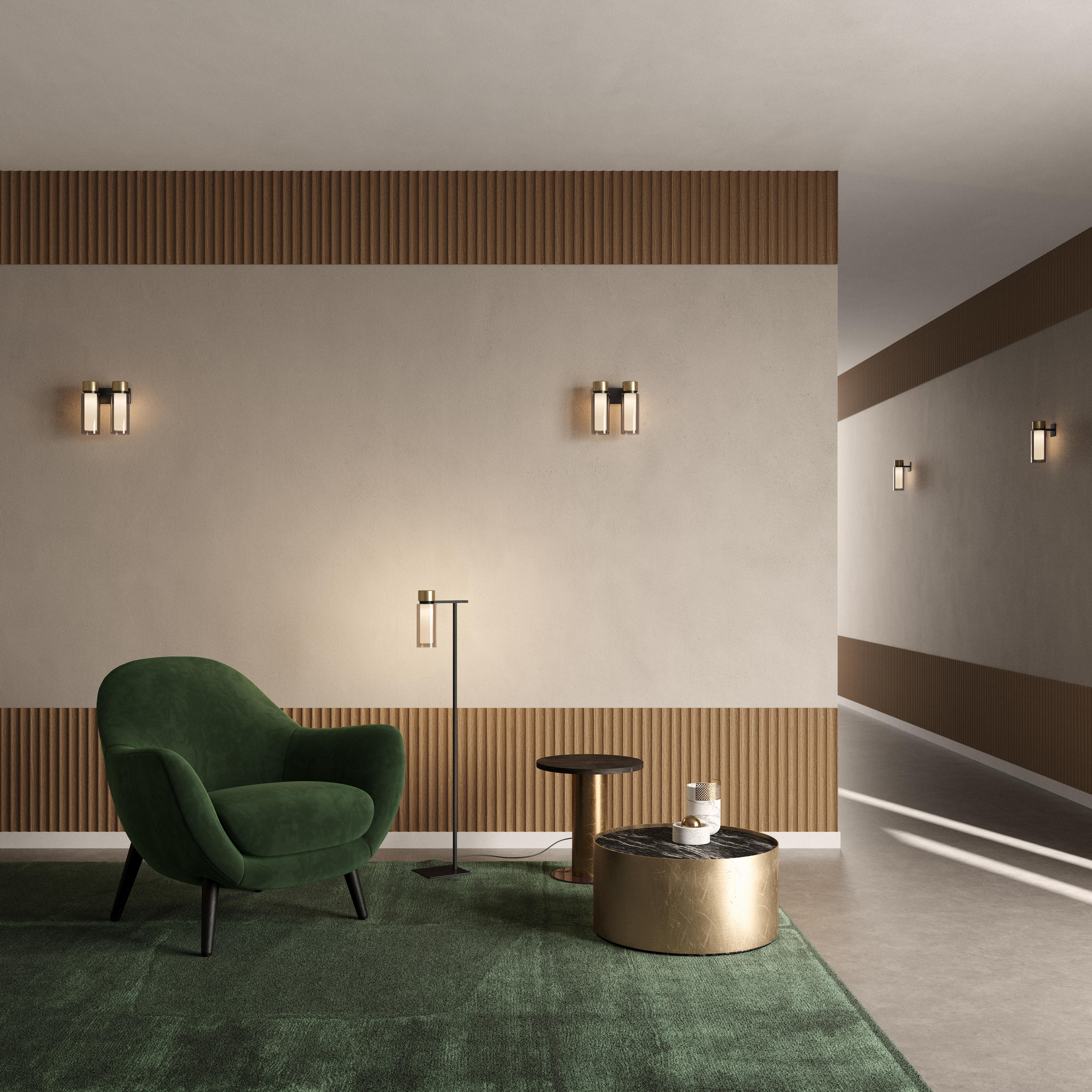 Tooy Osman Wandleuchte 560.41 in modernem Wohnzimmer mit Sessel und Teppich. Innenarchitektur mit Wandlampen.