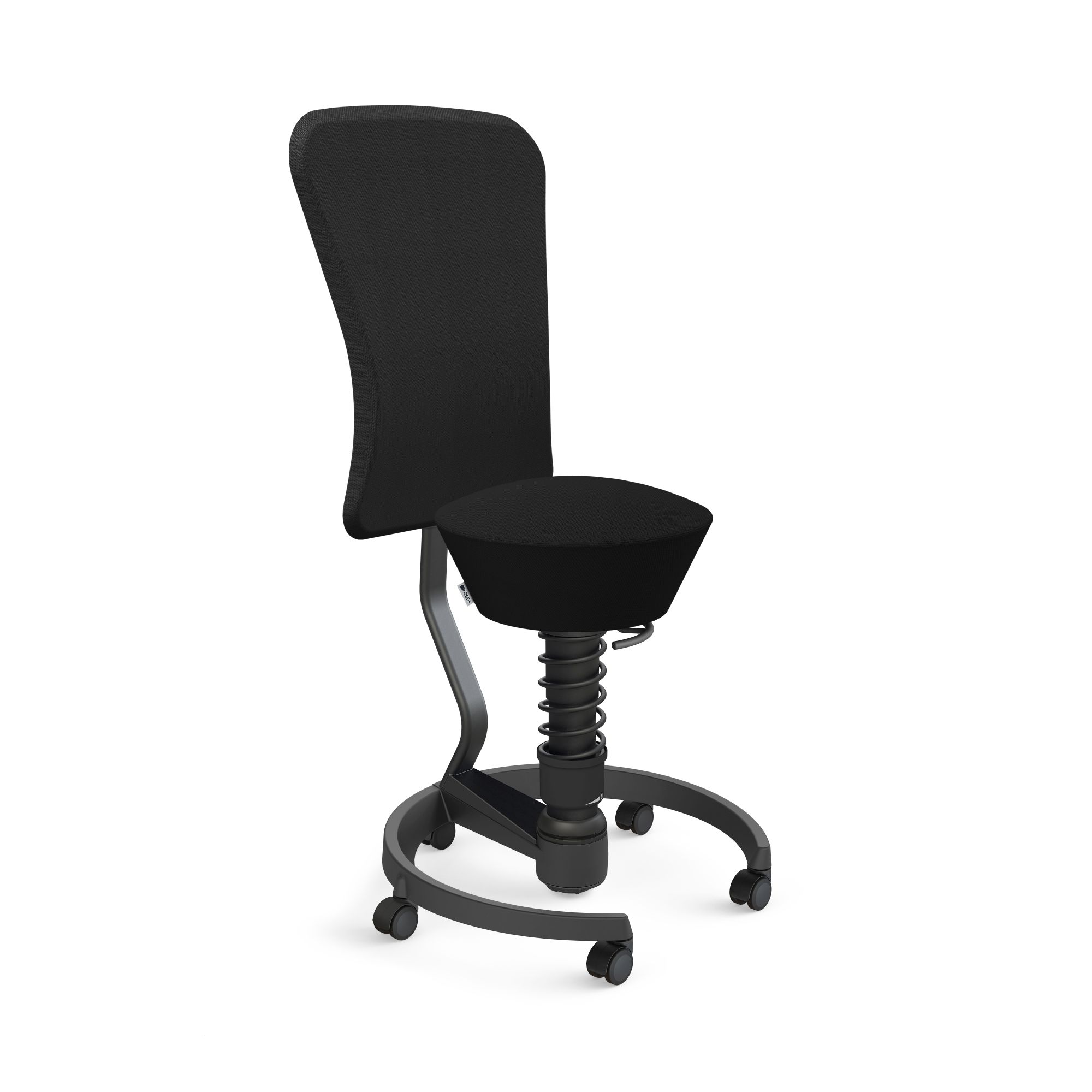 Schwarzer Bürostuhl mit Rückenlehne, Federung und Rollen für ergonomisches Sitzen im Büro.