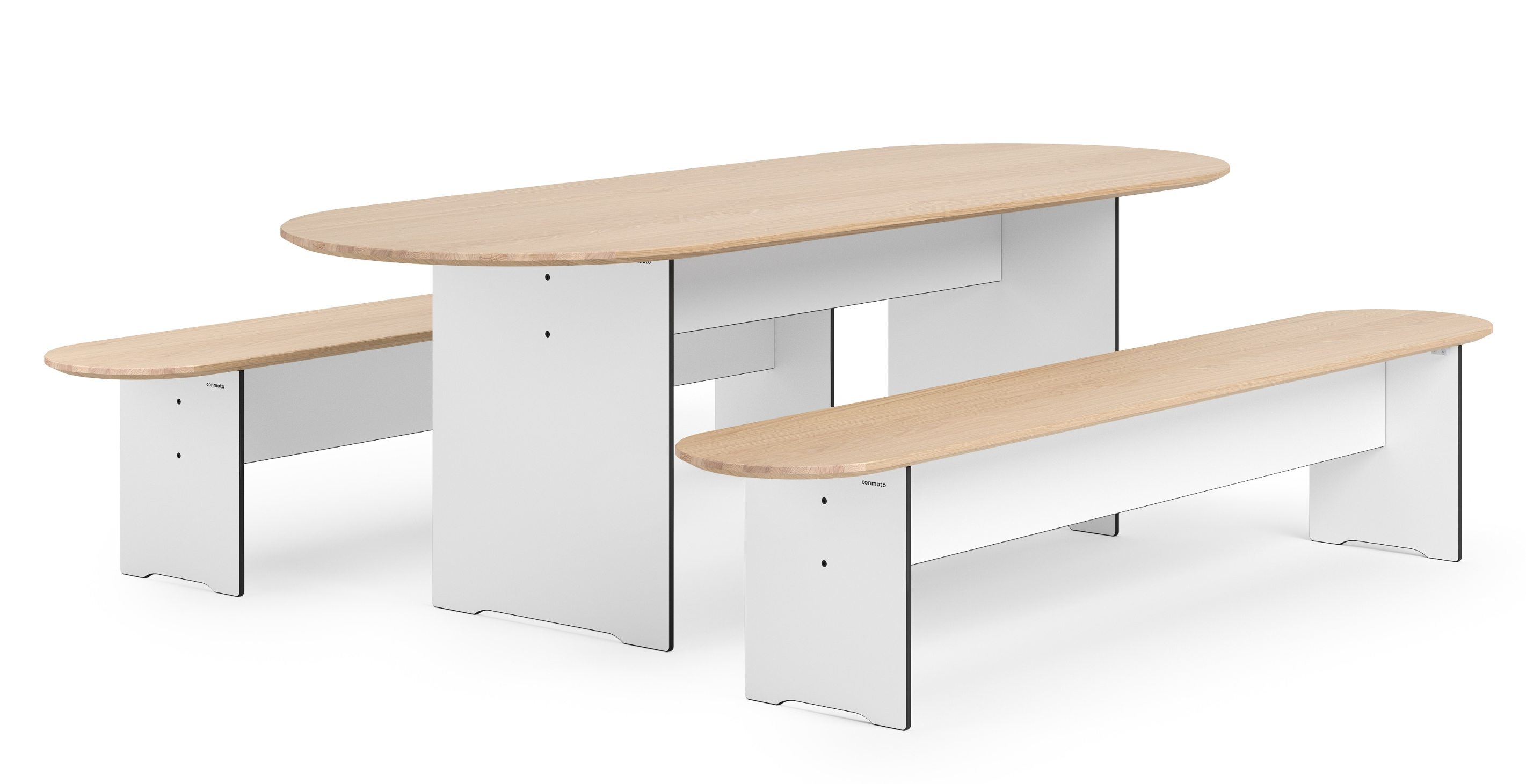 Helle Riva Vario Bank von Conmoto, Indoor-Tisch mit Bänken, modernes Design, Holz und Weiß.
