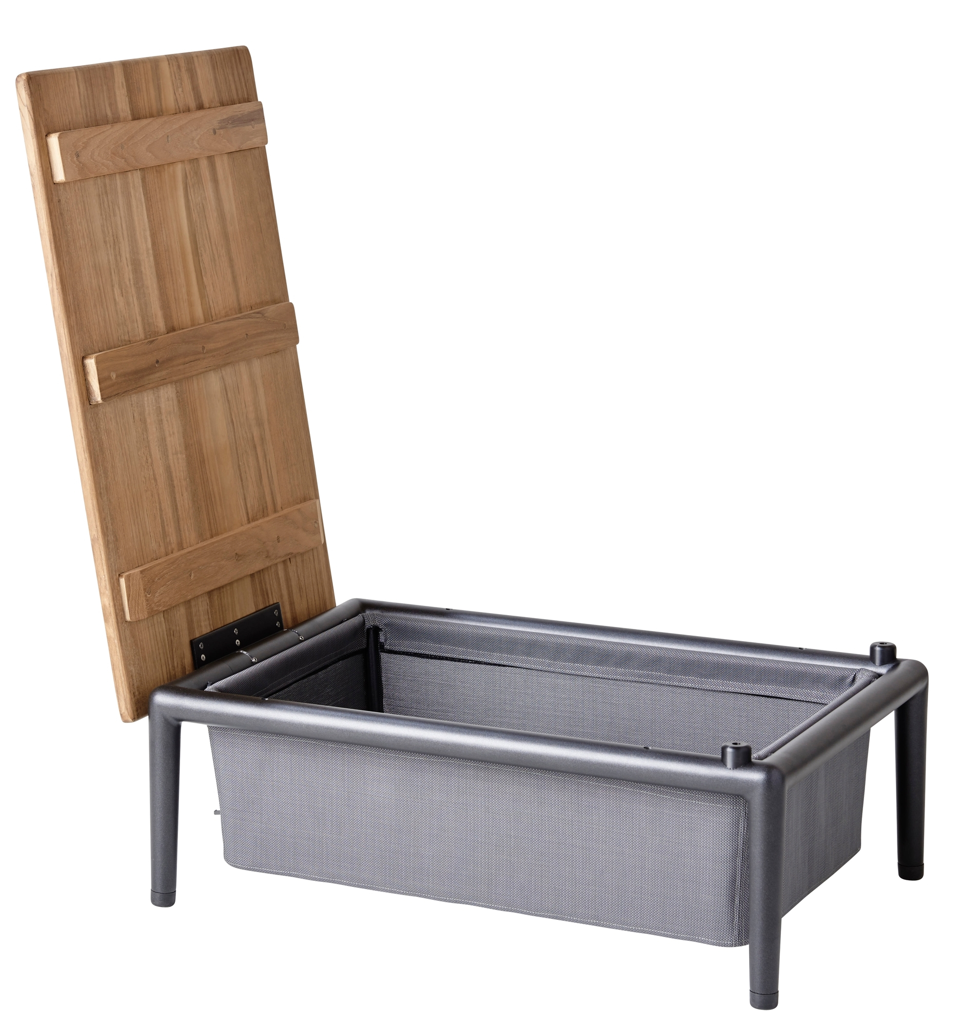 Cane-Line Conic Outdoor Box Tisch mit Teakholzplatte, geöffnet, für Garten und Terrasse.