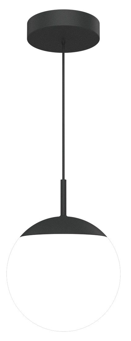 Schwarze Mooon Pendelleuchte von Fermob, Ø 25 cm, mit runder, weißer Glaskugel und filigraner Aufhängung.