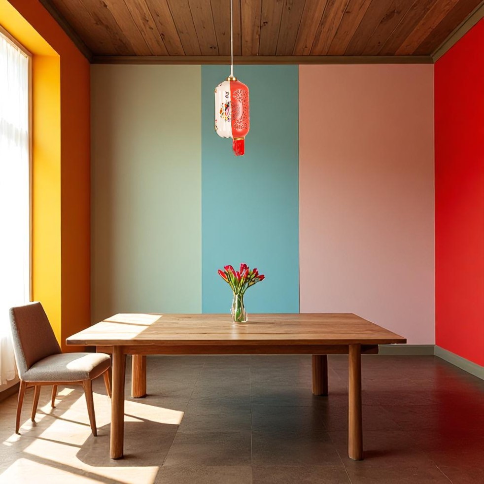 Hybrid Inalda Deckenleuchte von Seletti über Esstisch mit Tulpen, bunte Wand im Hintergrund.