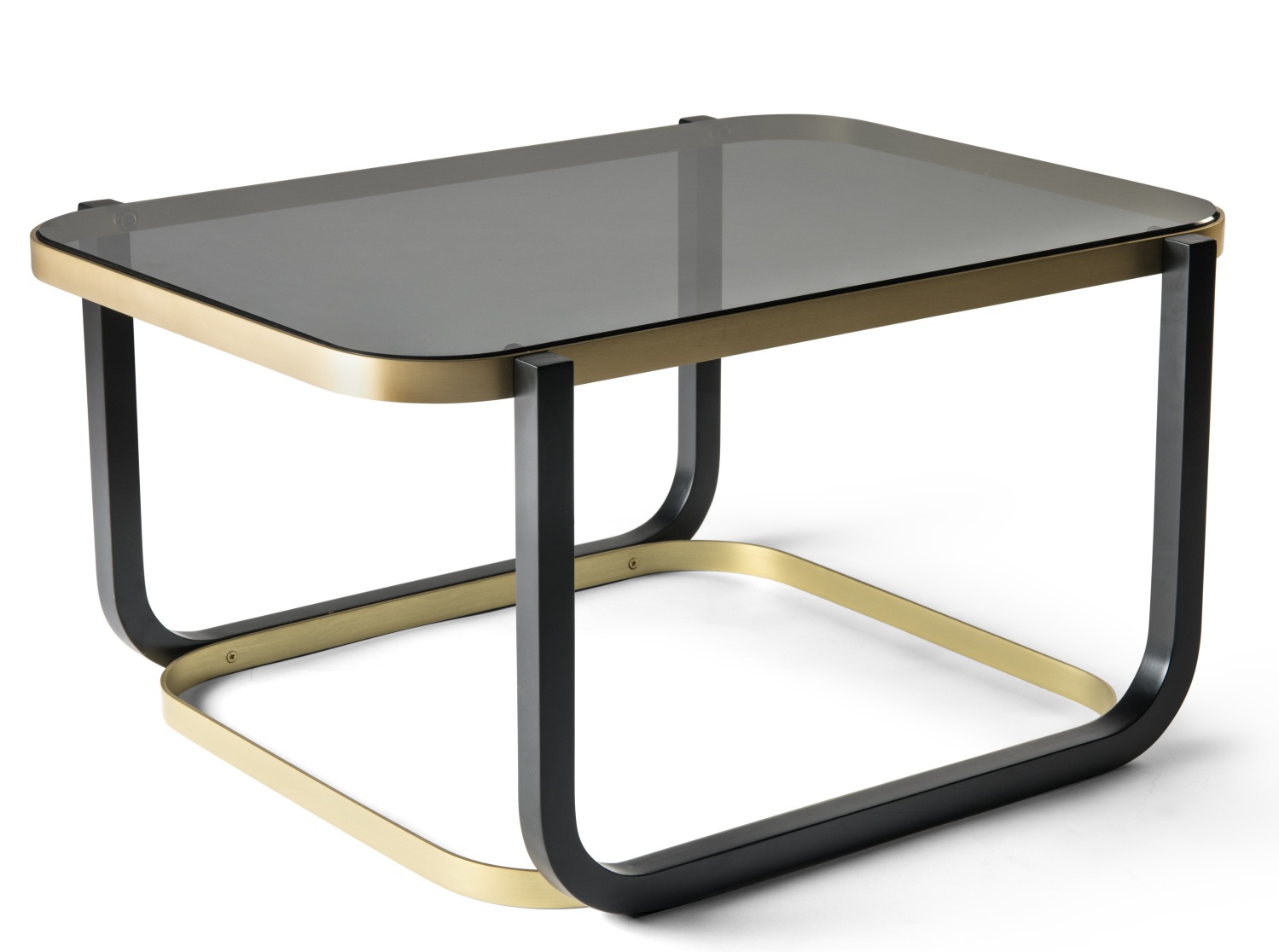 Duet B Couchtisch von Wiener GTV Design mit Glasplatte und Gestell aus gebogenem Holz in Schwarz und Gold.