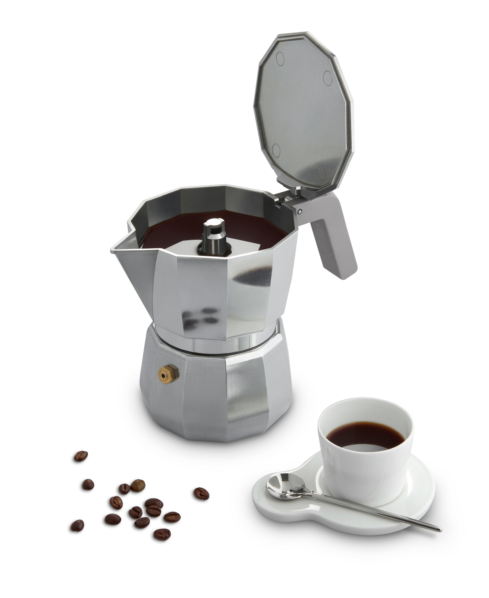 Alessi Moka Espressokocher DC06 für 6 Tassen, silberfarben, mit Kaffeetasse und Kaffeebohnen.