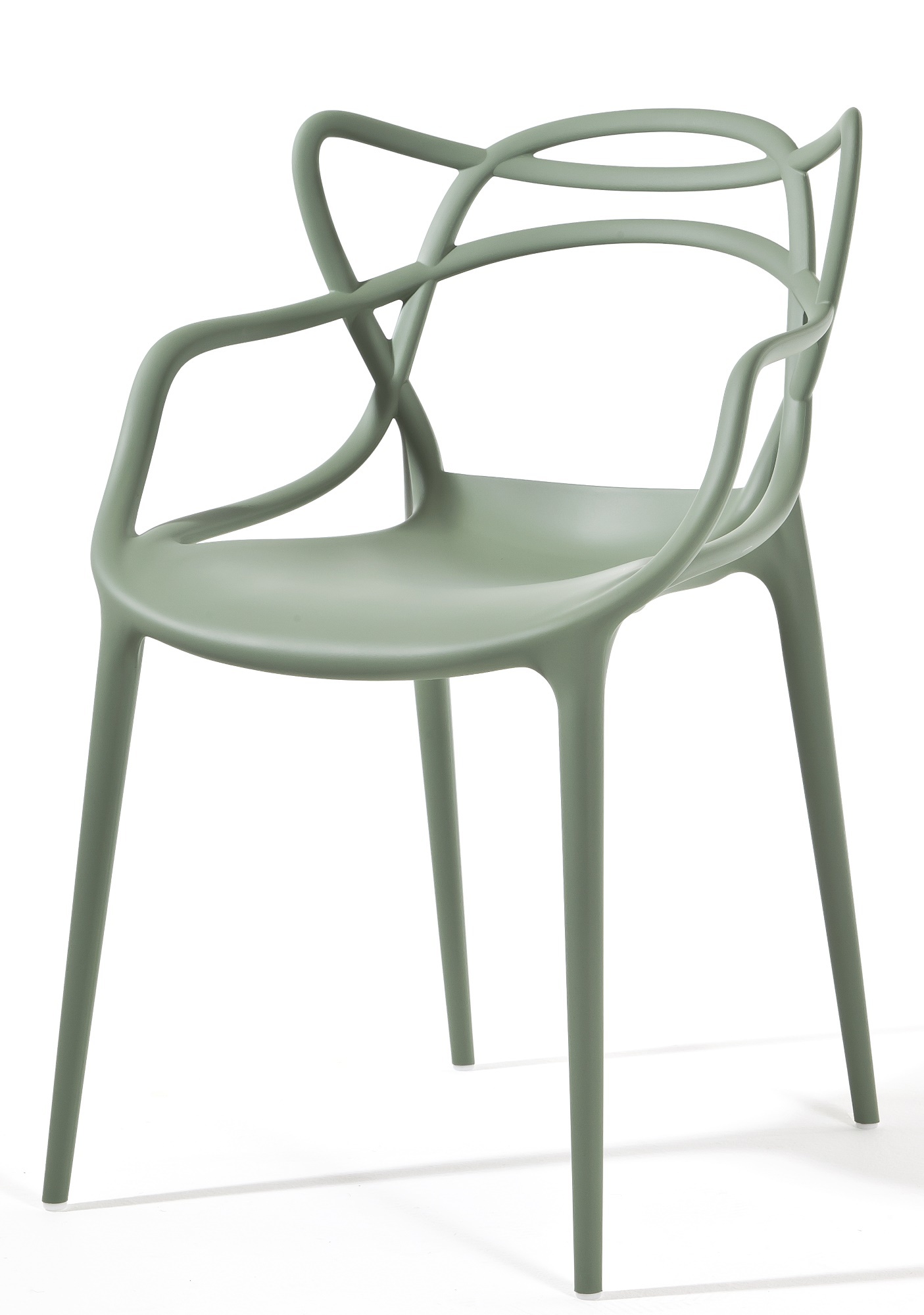 Masters Stuhl von Kartell in Salbeigrün, Designstuhl mit Armlehnen und filigraner Rückenlehne.