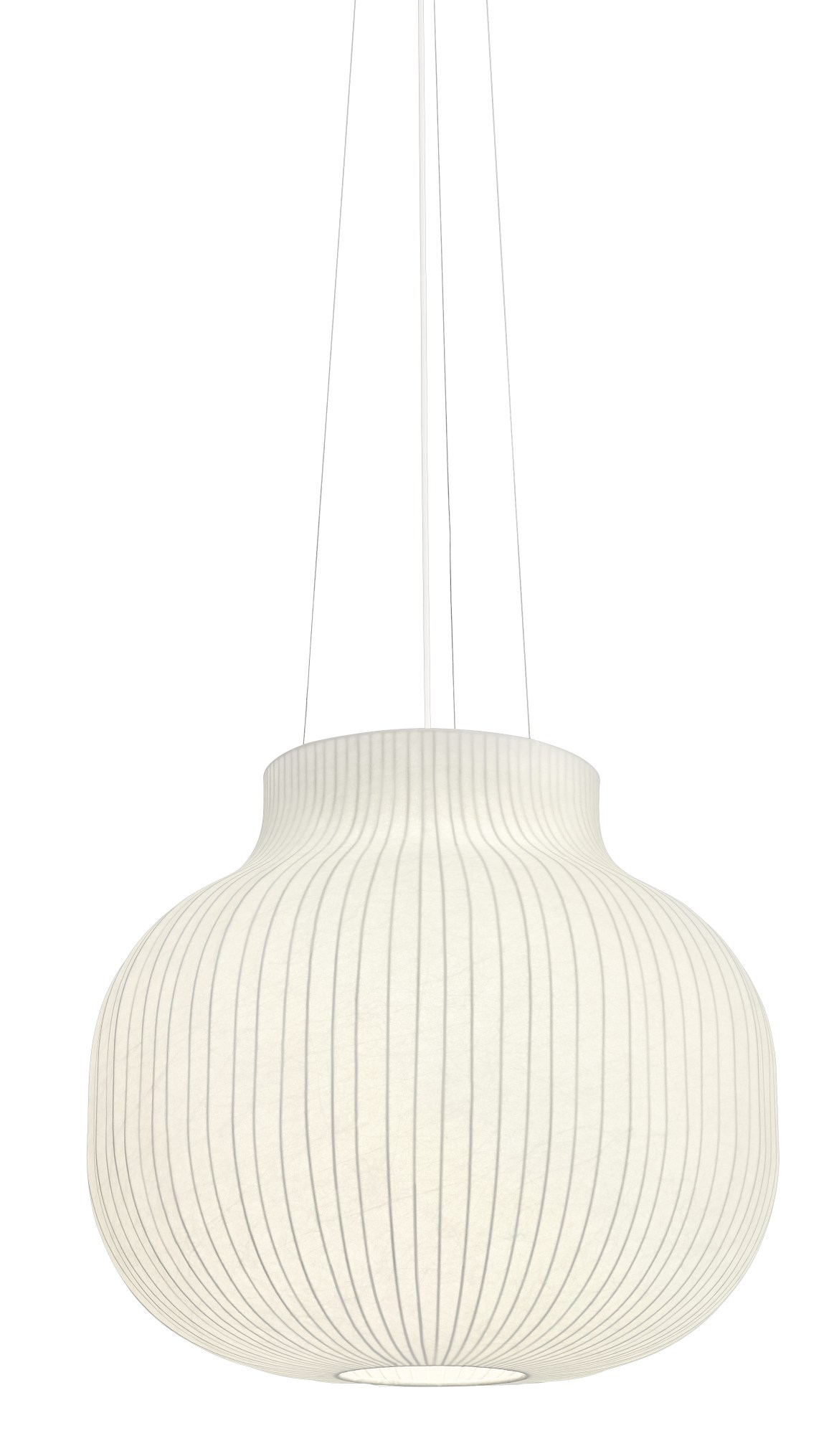 Weiße Strand Pendelleuchte von Muuto mit gerippter Textur und sanftem Lichtschein.