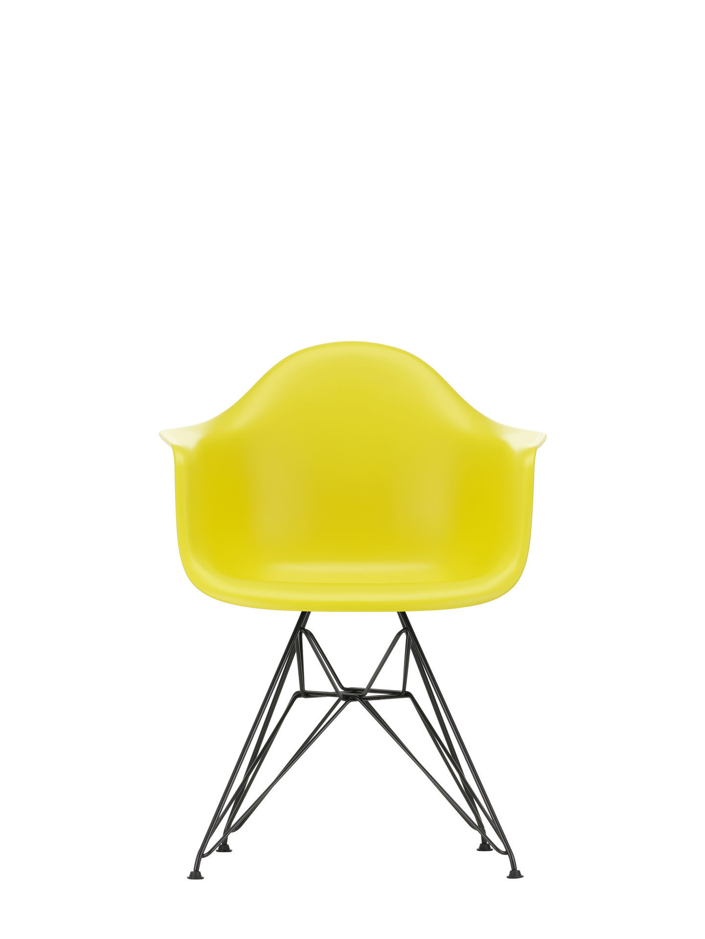 Gelber Eames Plastic Arm Chair DAR Stuhl von Vitra mit schwarzem Eiffel-Gestell, Frontansicht.