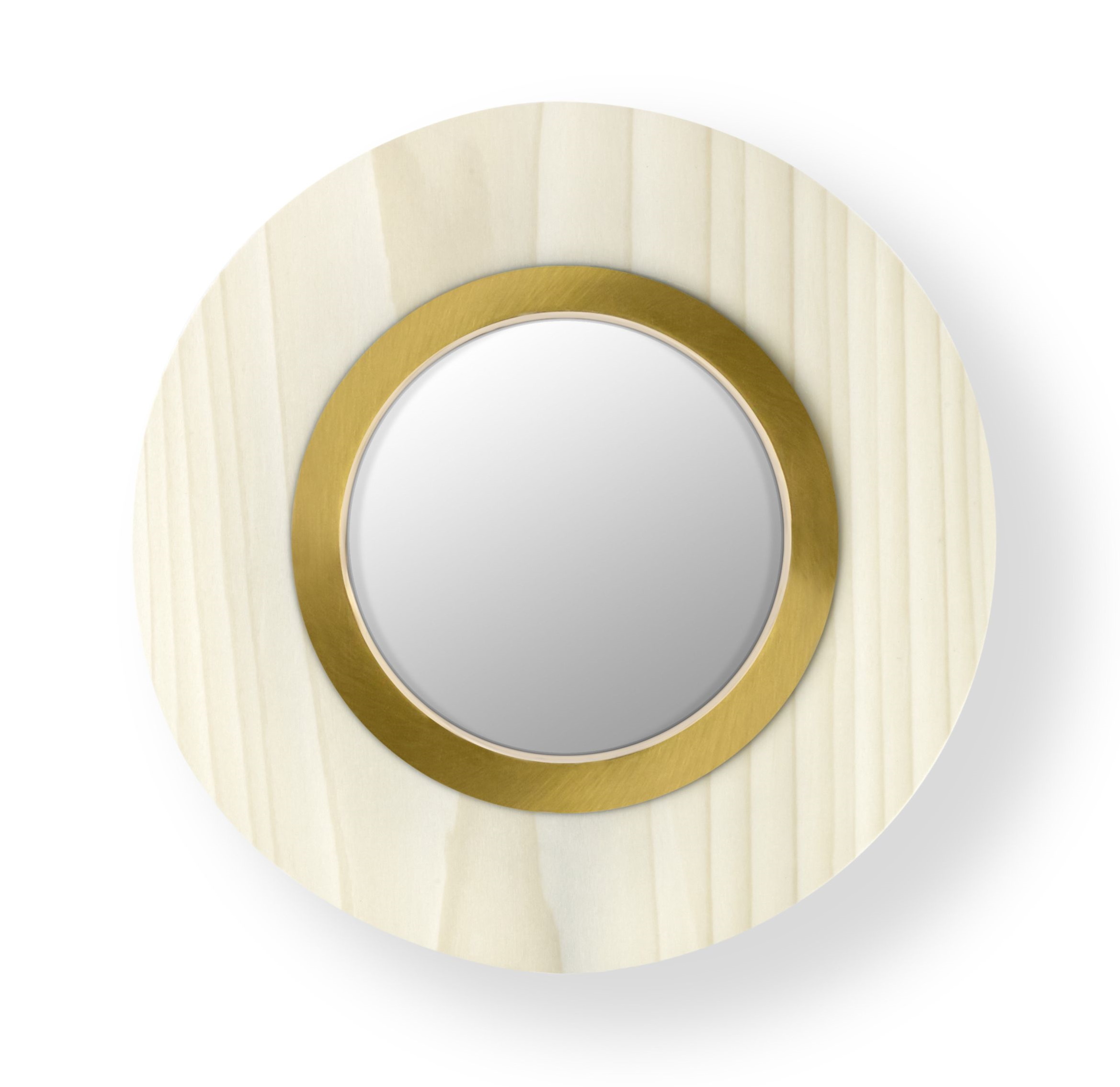 Lens LED Wandleuchte von LZF Lamps: Runde Holzlampe mit goldenem Metallring. Moderne Wandbeleuchtung.