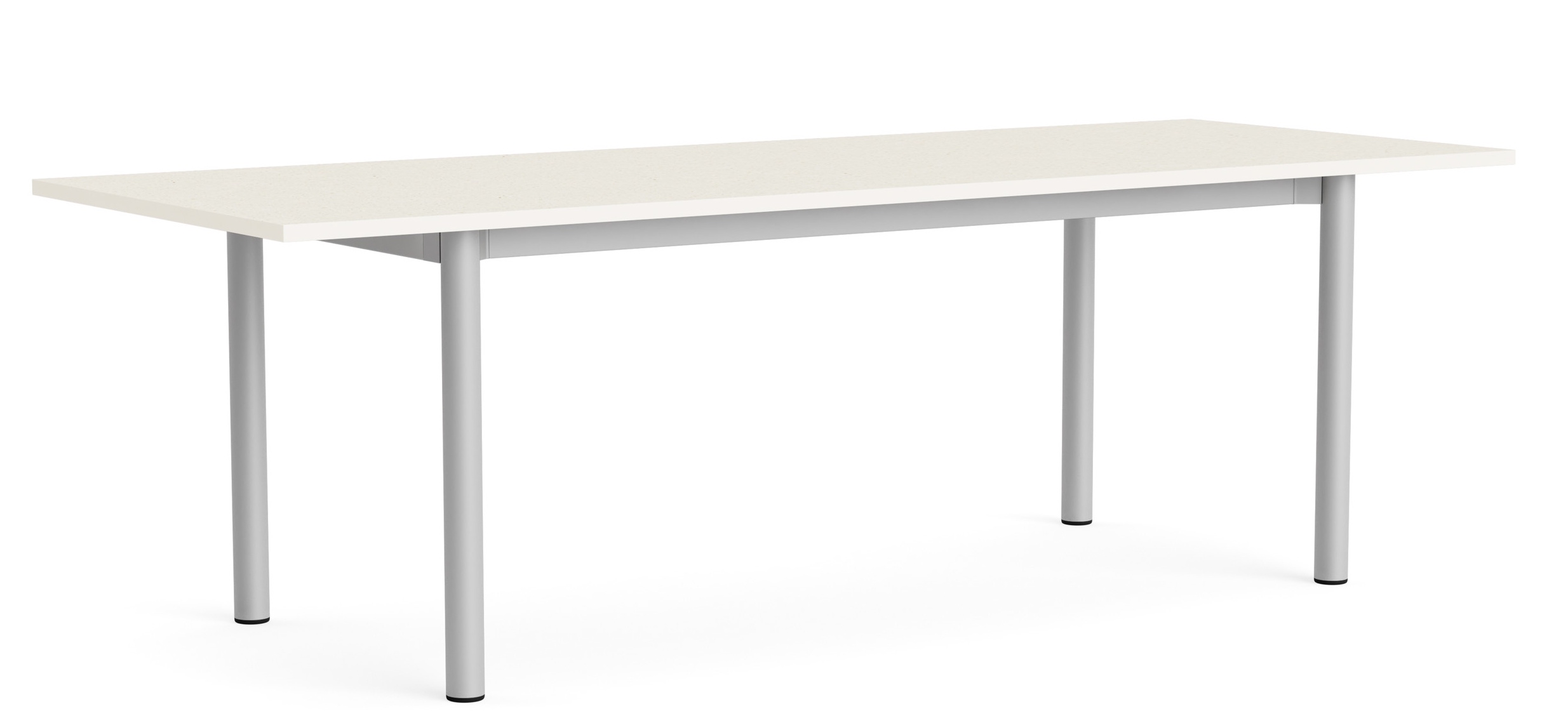 Annex Table Overhang Esstisch von Hay mit heller Tischplatte und silbernen Beinen auf weißem Hintergrund.