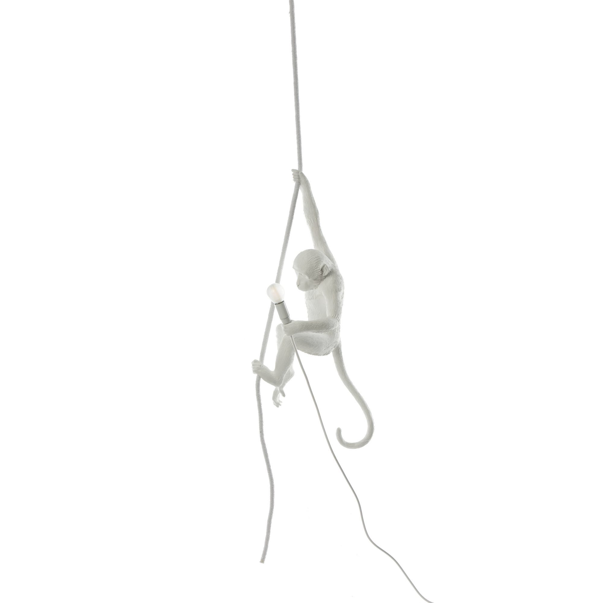 Weiße Monkey Lamp von Seletti: Hängende Affenlampe mit Glühbirne an einem Seil. Indoor Pendelleuchte.