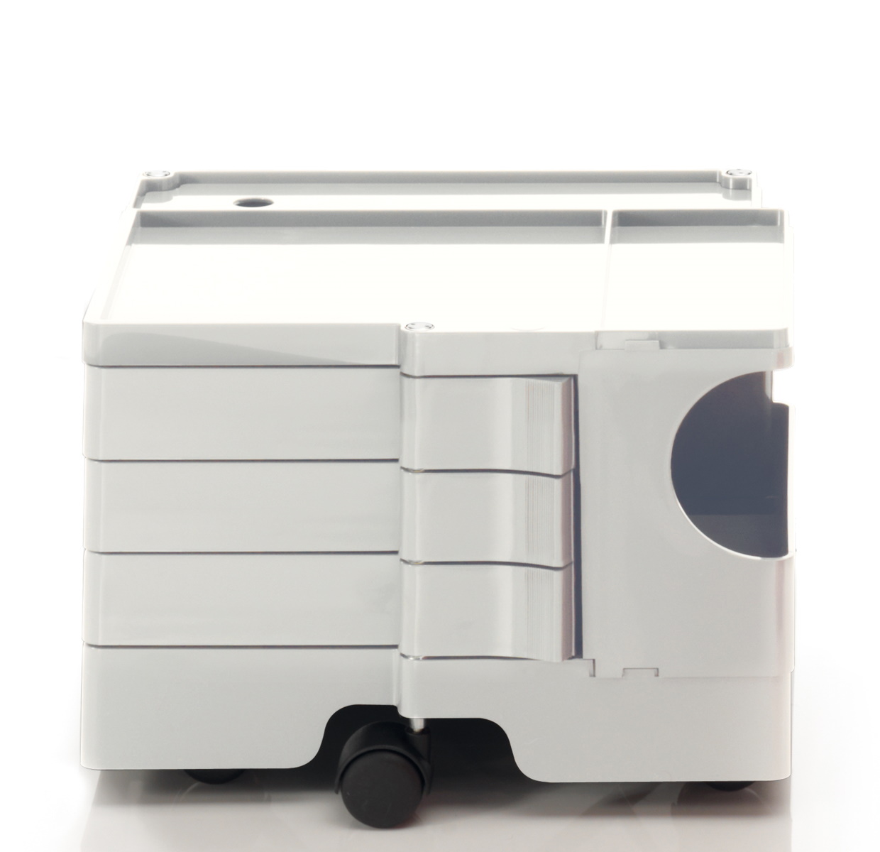 Boby B13 Rollcontainer: Grauer, kompakter Rollwagen mit Schubladen und Ablagefächern für Büro oder Werkstatt.