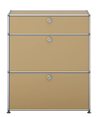 Beiges USM Haller Highboard mit zwei Klappen und verchromtem Gestell, modernes Designmöbel für Wohnzimmer und Büro.