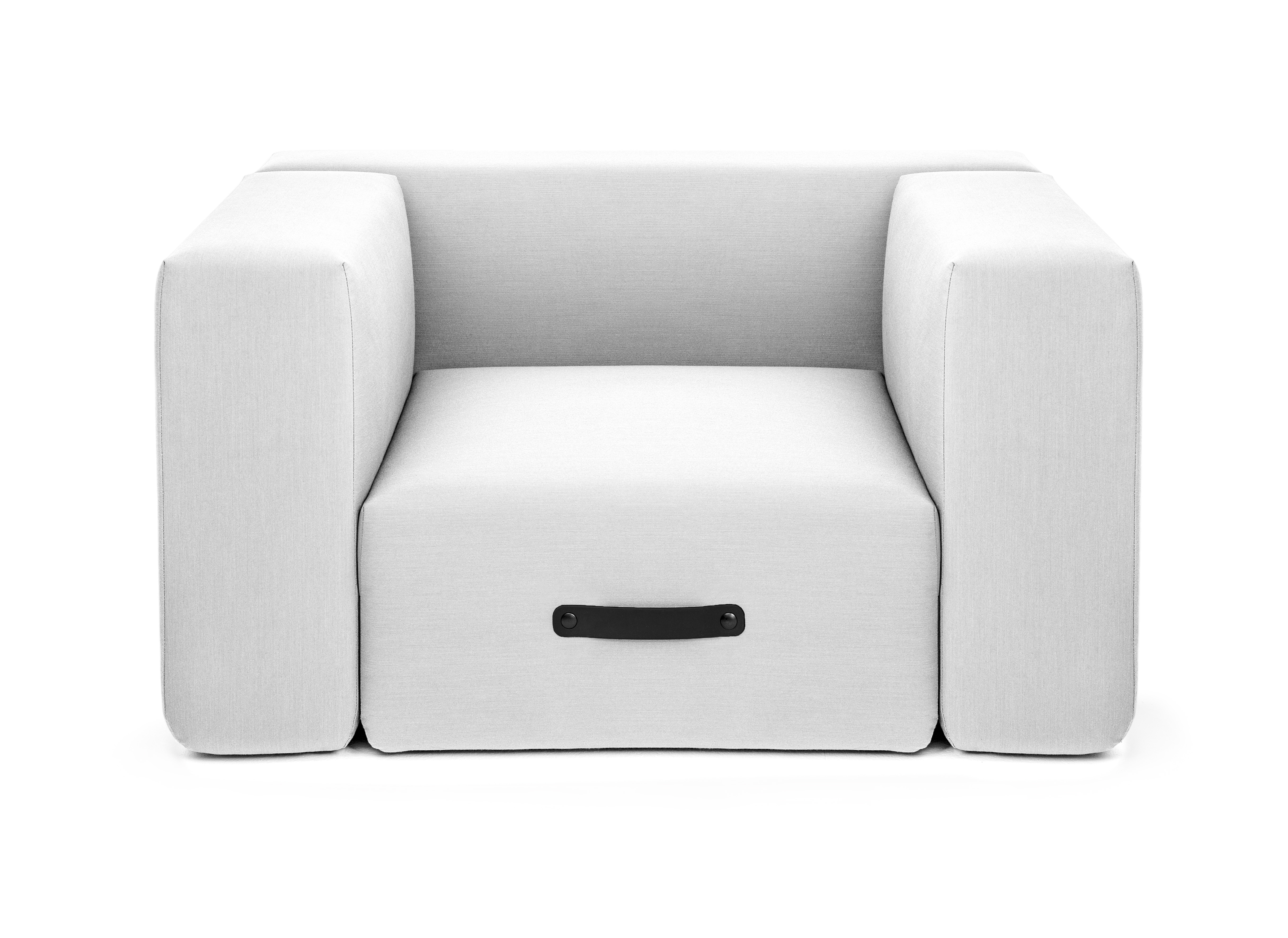 Weißes Conmoto Miami Outdoor Sofa mit schwarzem Ledergriff, moderne Gartenmöbel für Terrasse.