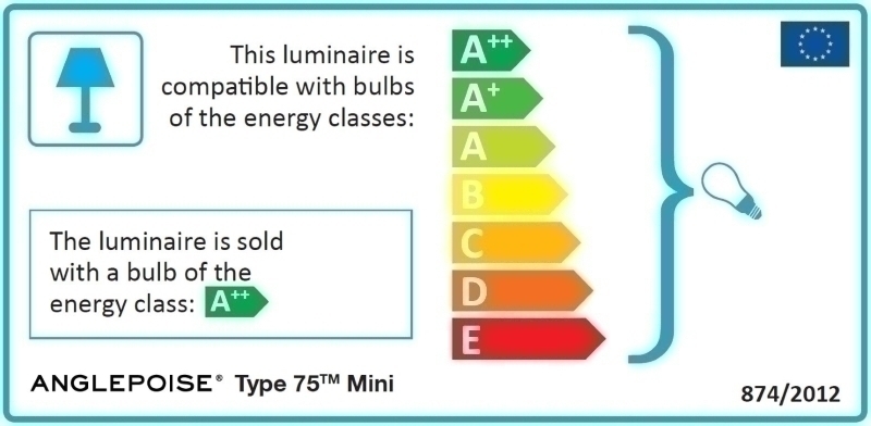 Energieeffizienzlabel für Anglepoise Type 75 Mini Tischleuchte, kompatibel mit A++ bis E Leuchtmitteln.
