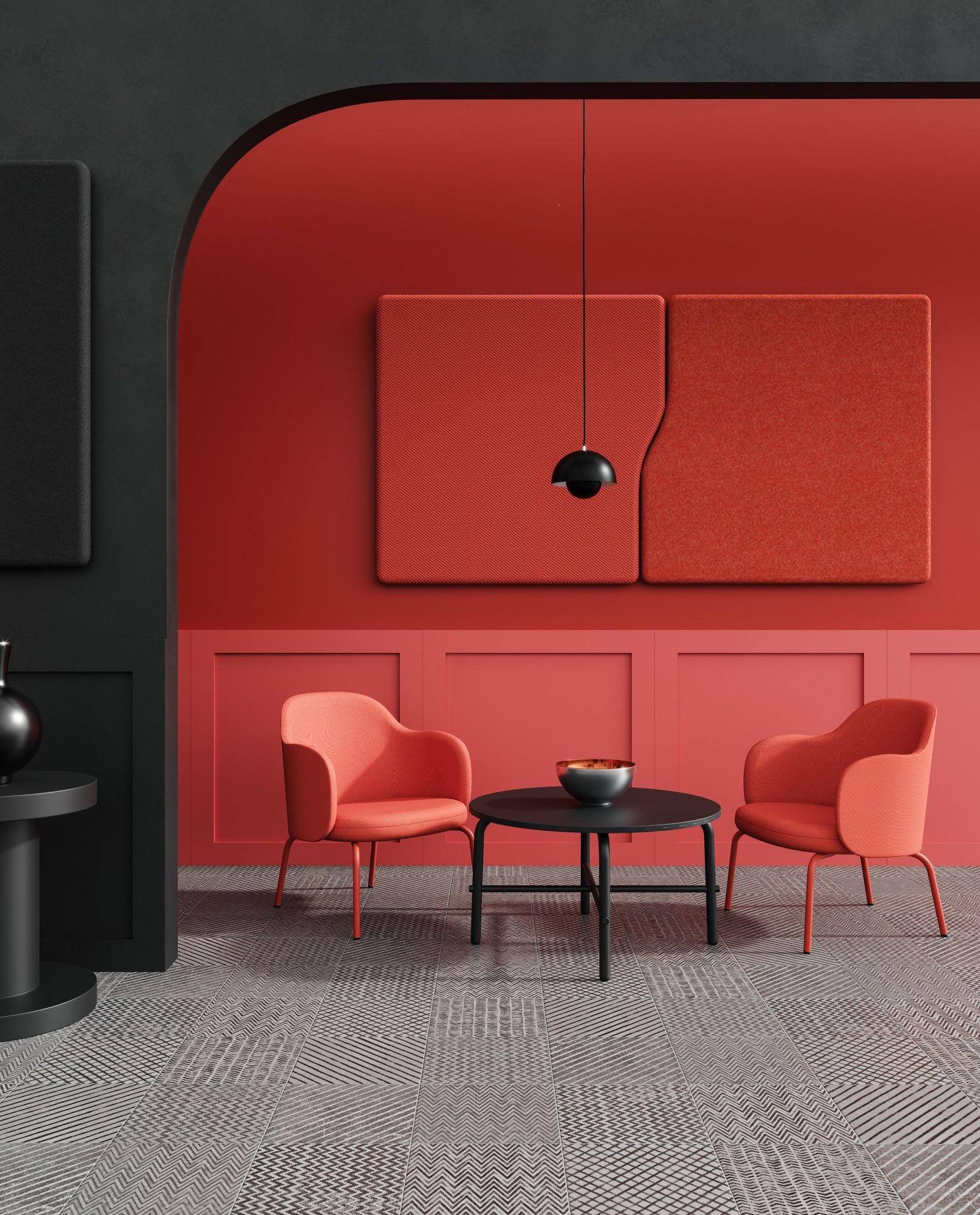 Moderner Wohnraum mit roter Wand und zwei Sesseln, Beistelltisch und flos FS TB RC L Couchtisch.