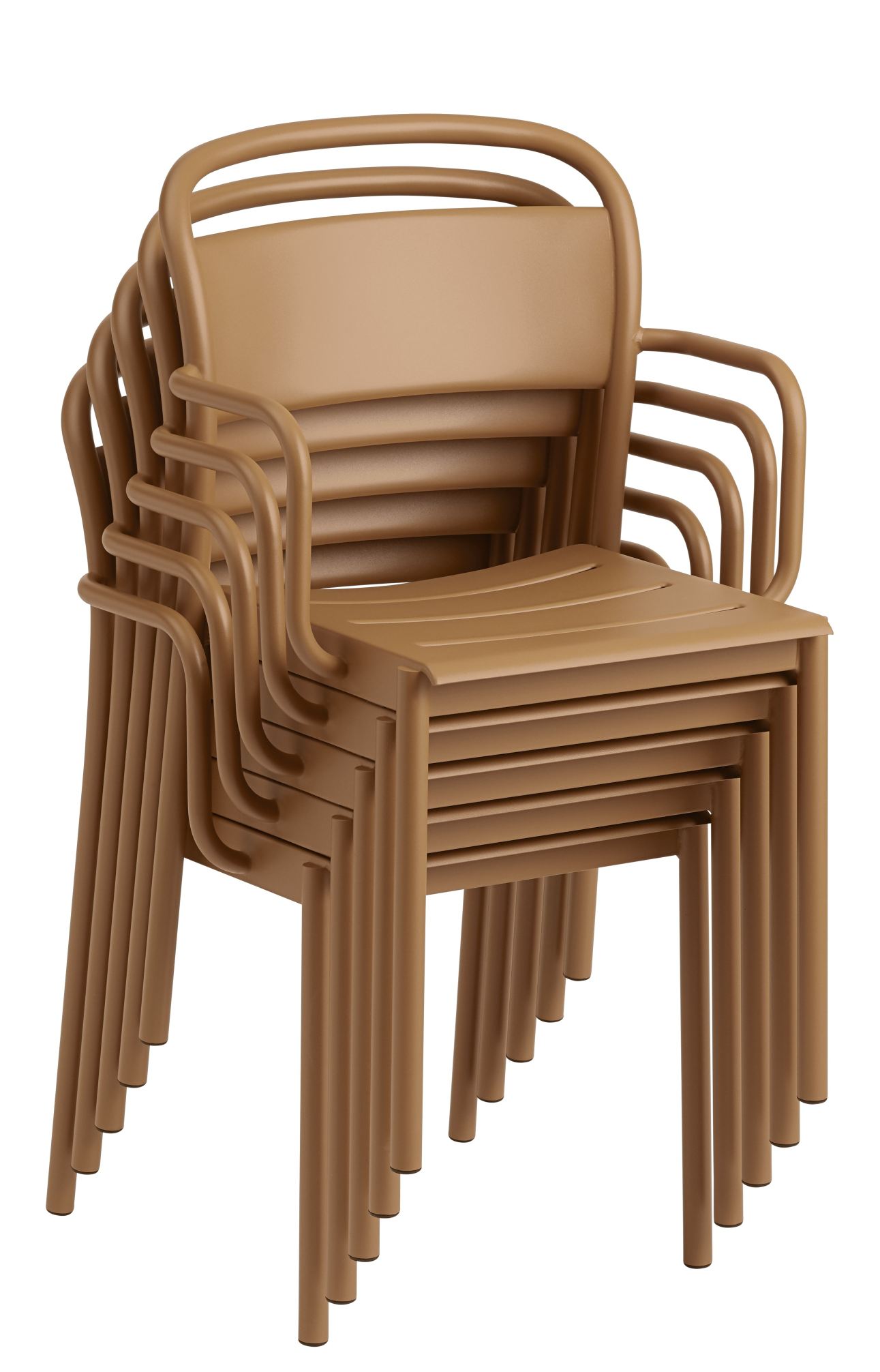 Gestapelte Muuto Linear Steel Armchair Outdoor Armlehnenstühle in Grau, ideal für Garten und Terrasse.